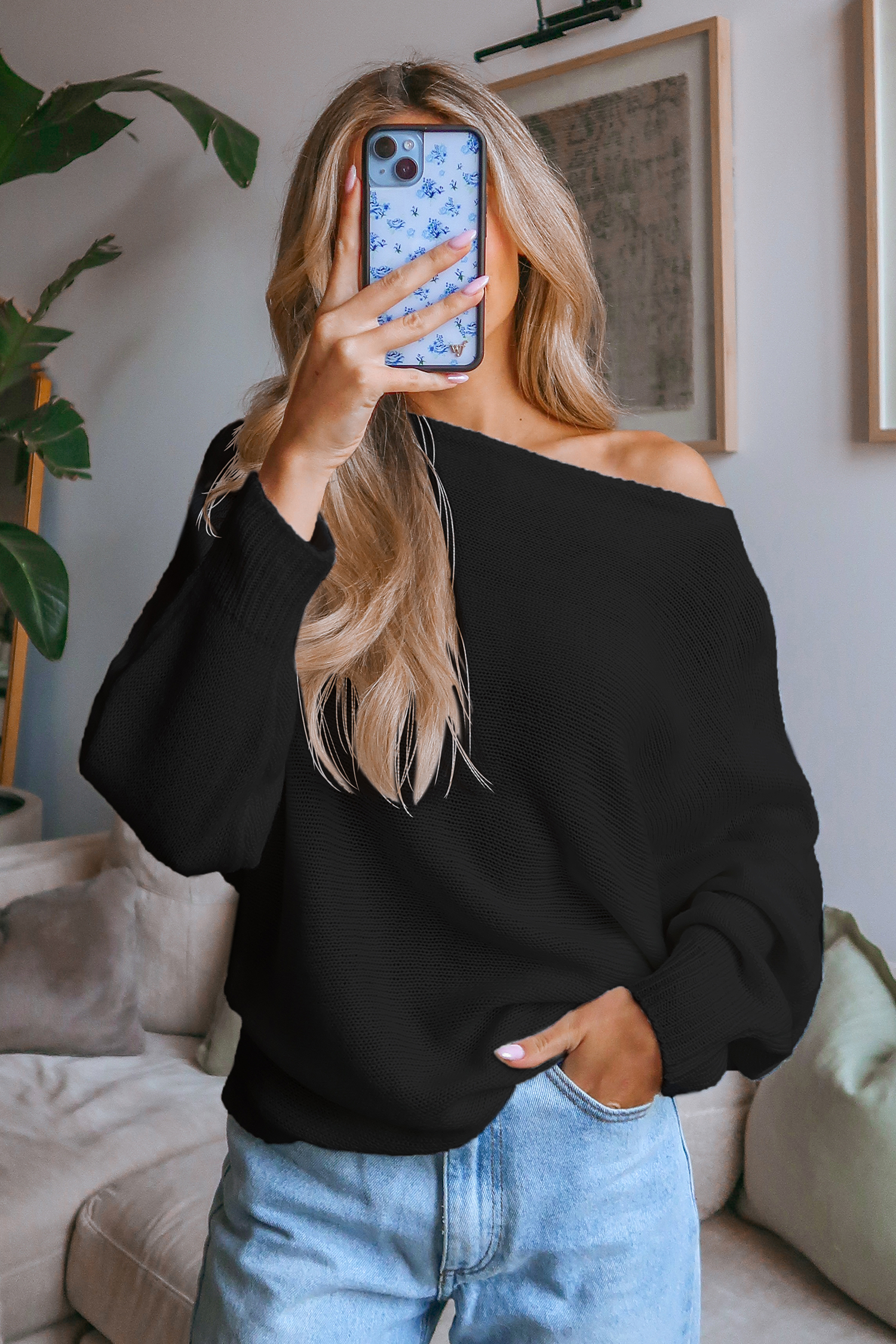 Onyx Crochet One-Shoulder Sweater