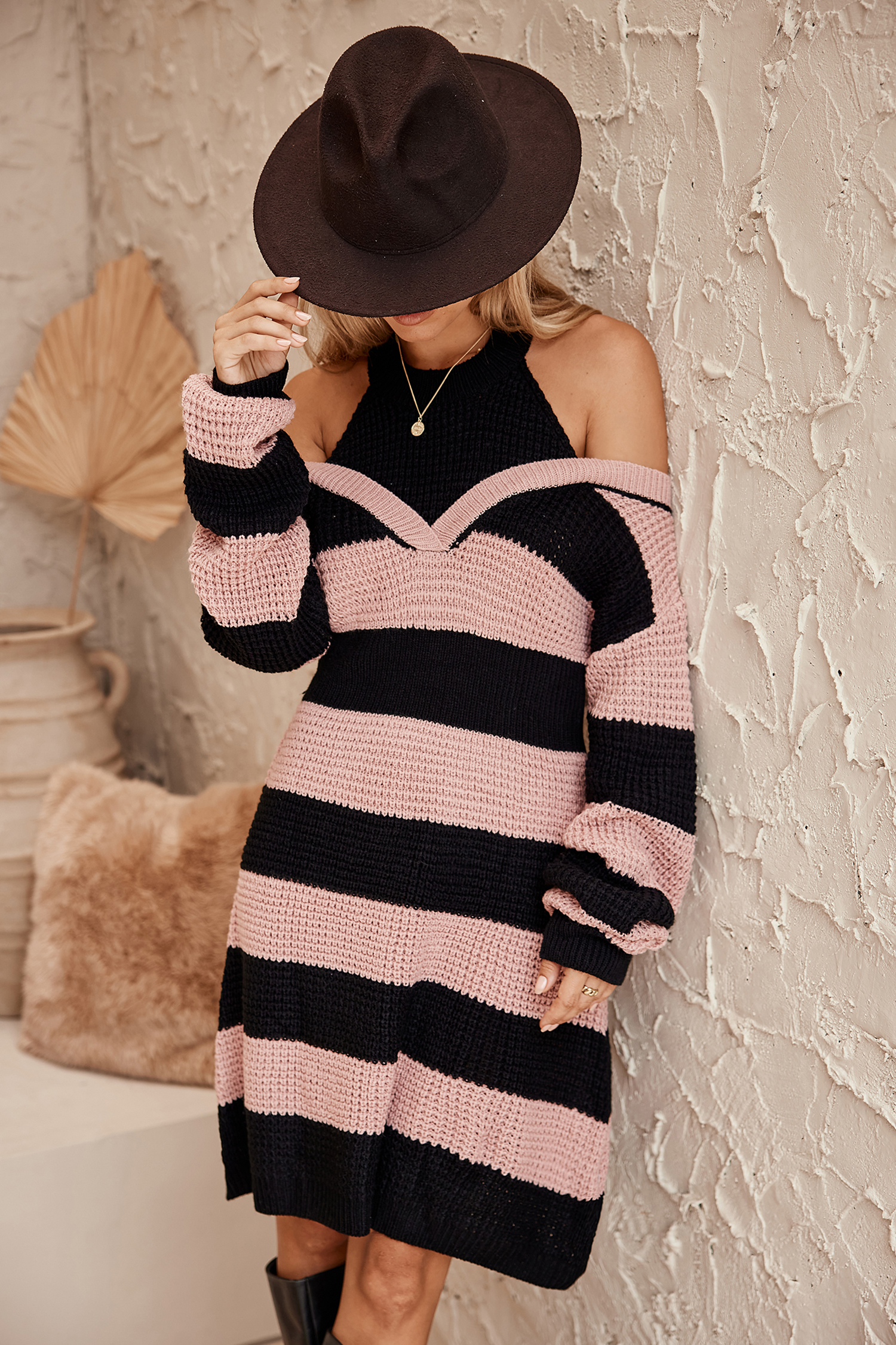 striped off the shoulder sweater dress Taupe Striped Off Shoulder Midi Sweater Dress