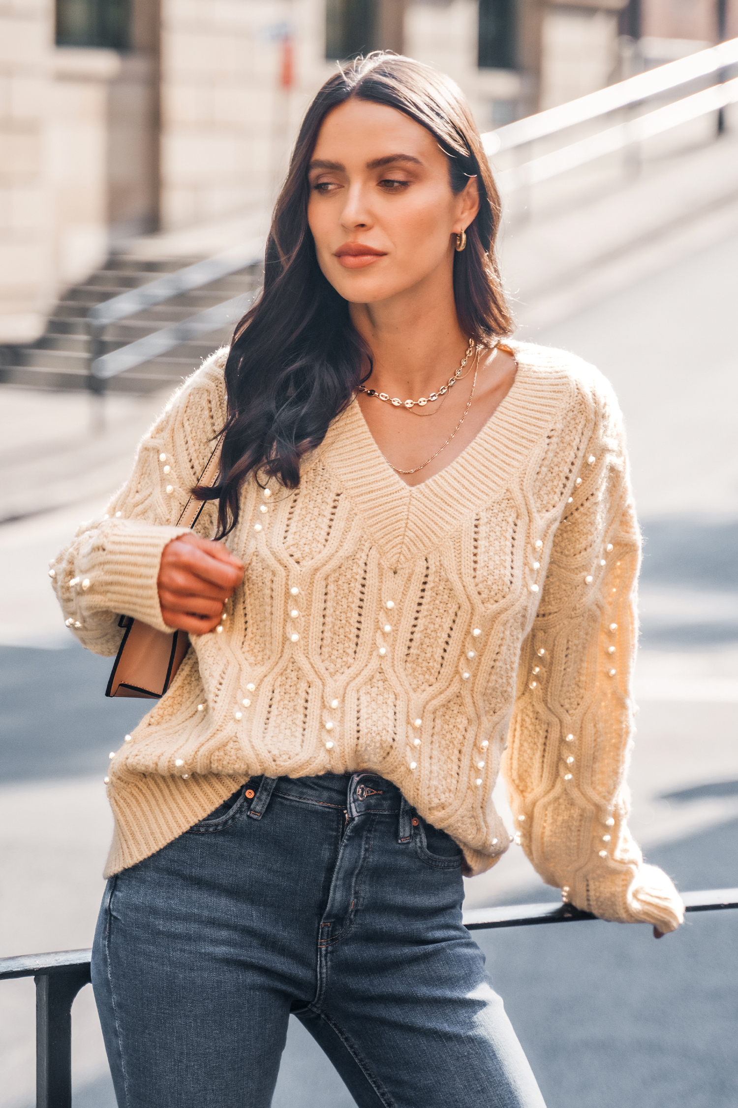 Faux Pearl Cable Knit Sweater