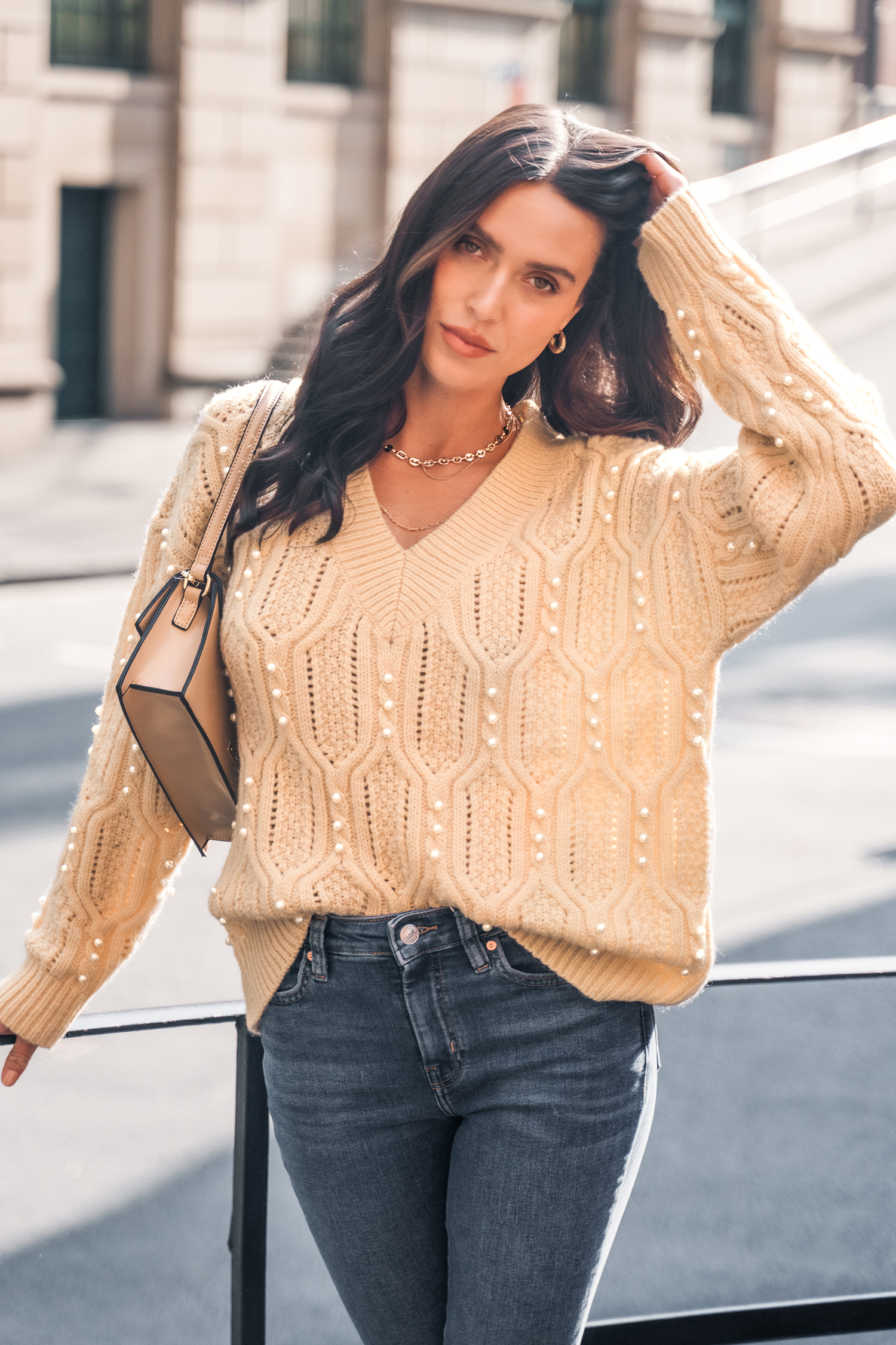 Faux Pearl Cable Knit Sweater