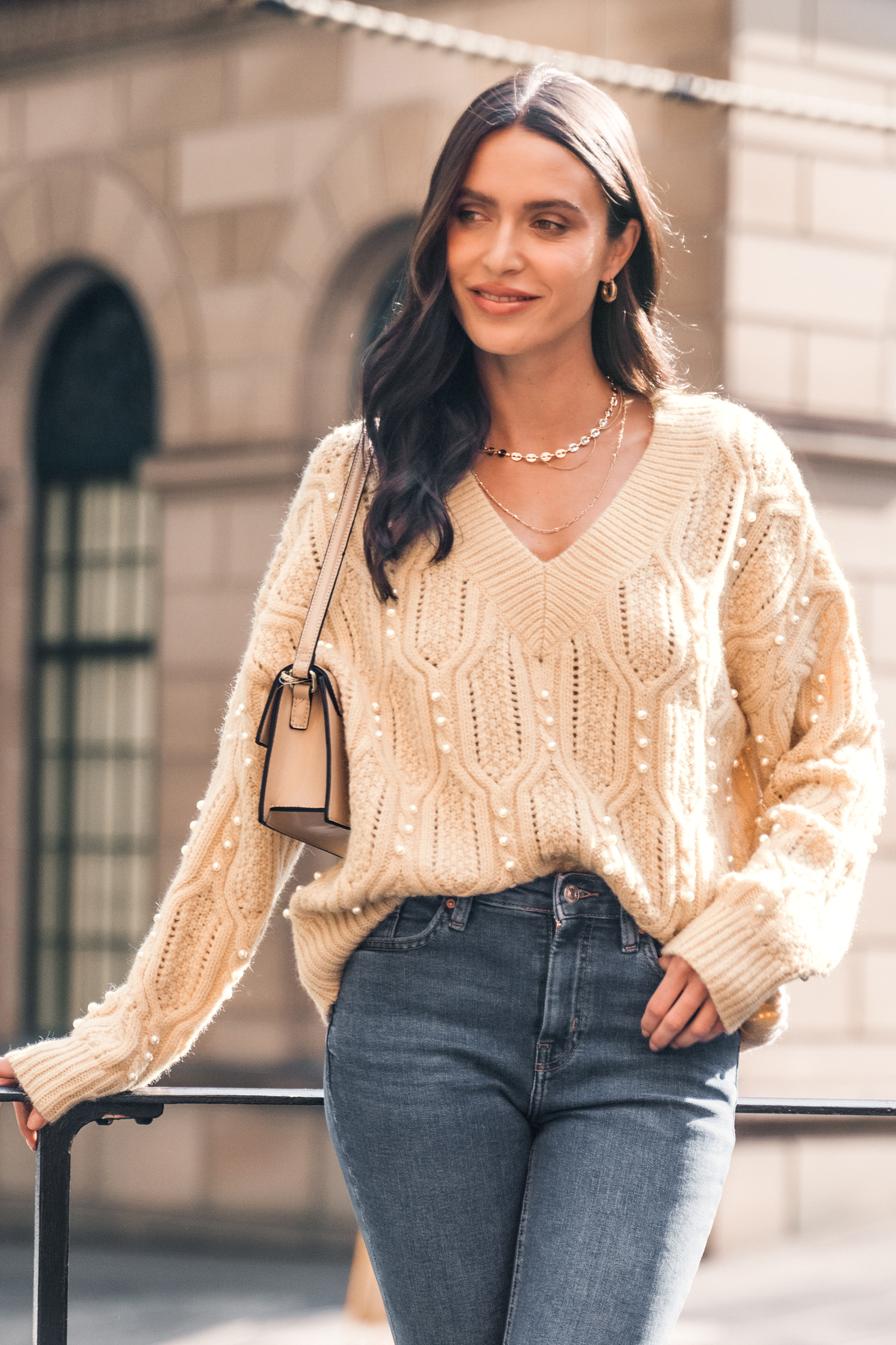 Faux Pearl Cable Knit Sweater