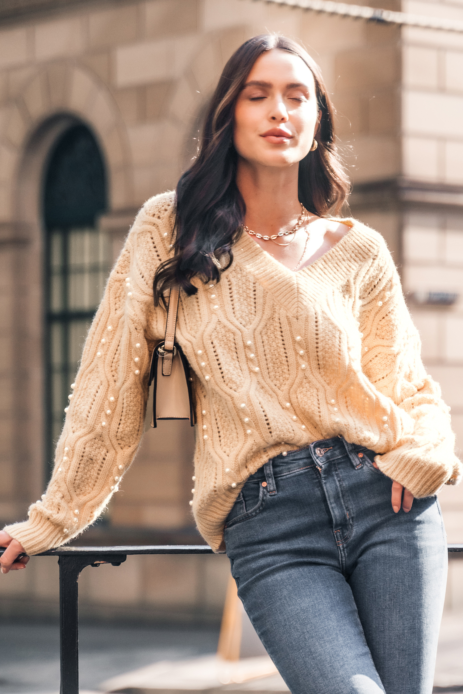 Faux Pearl Cable Knit Sweater