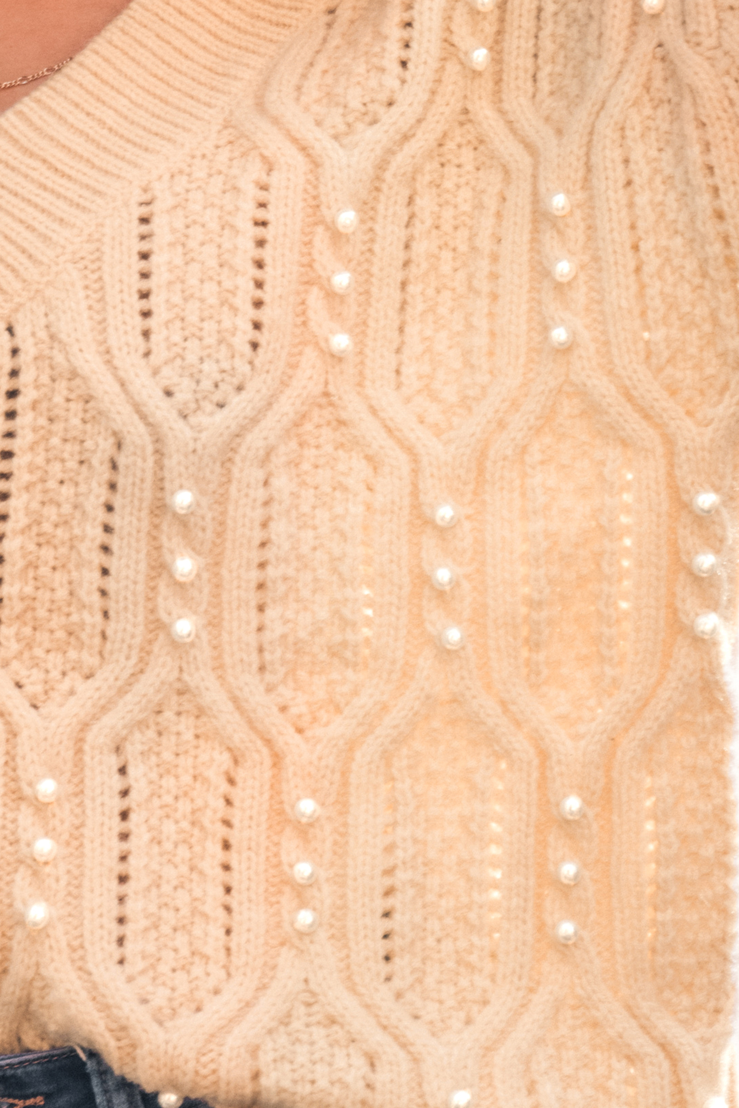 Faux Pearl Cable Knit Sweater