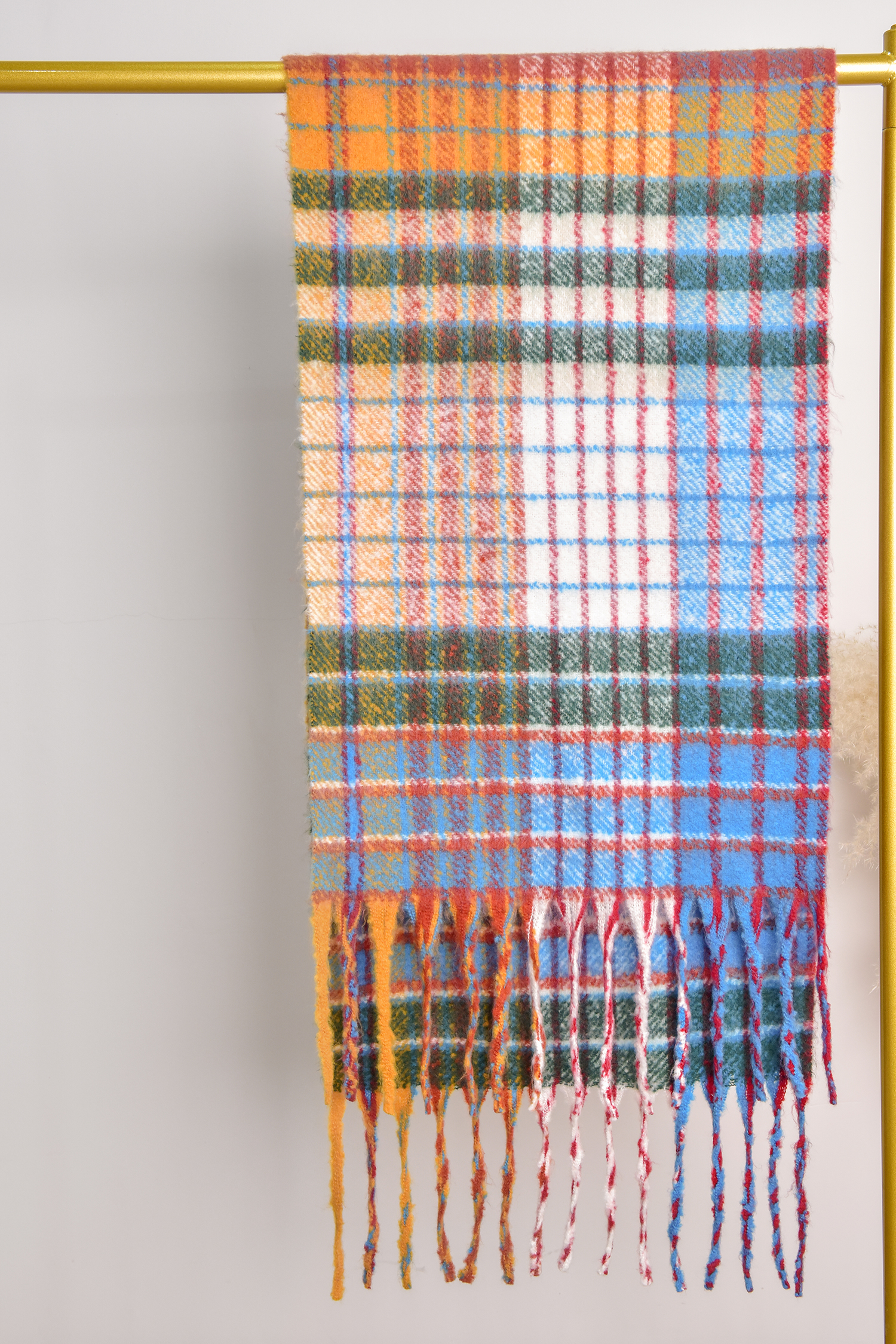 Plaid Colorblock Fringe Oblong Scarf