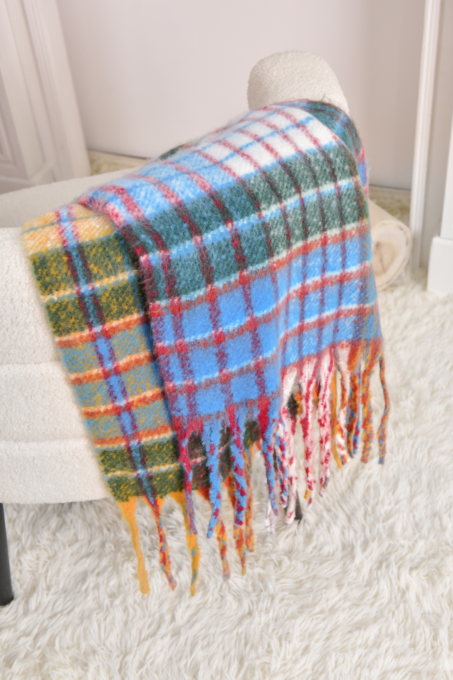 Plaid Colorblock Fringe Oblong Scarf