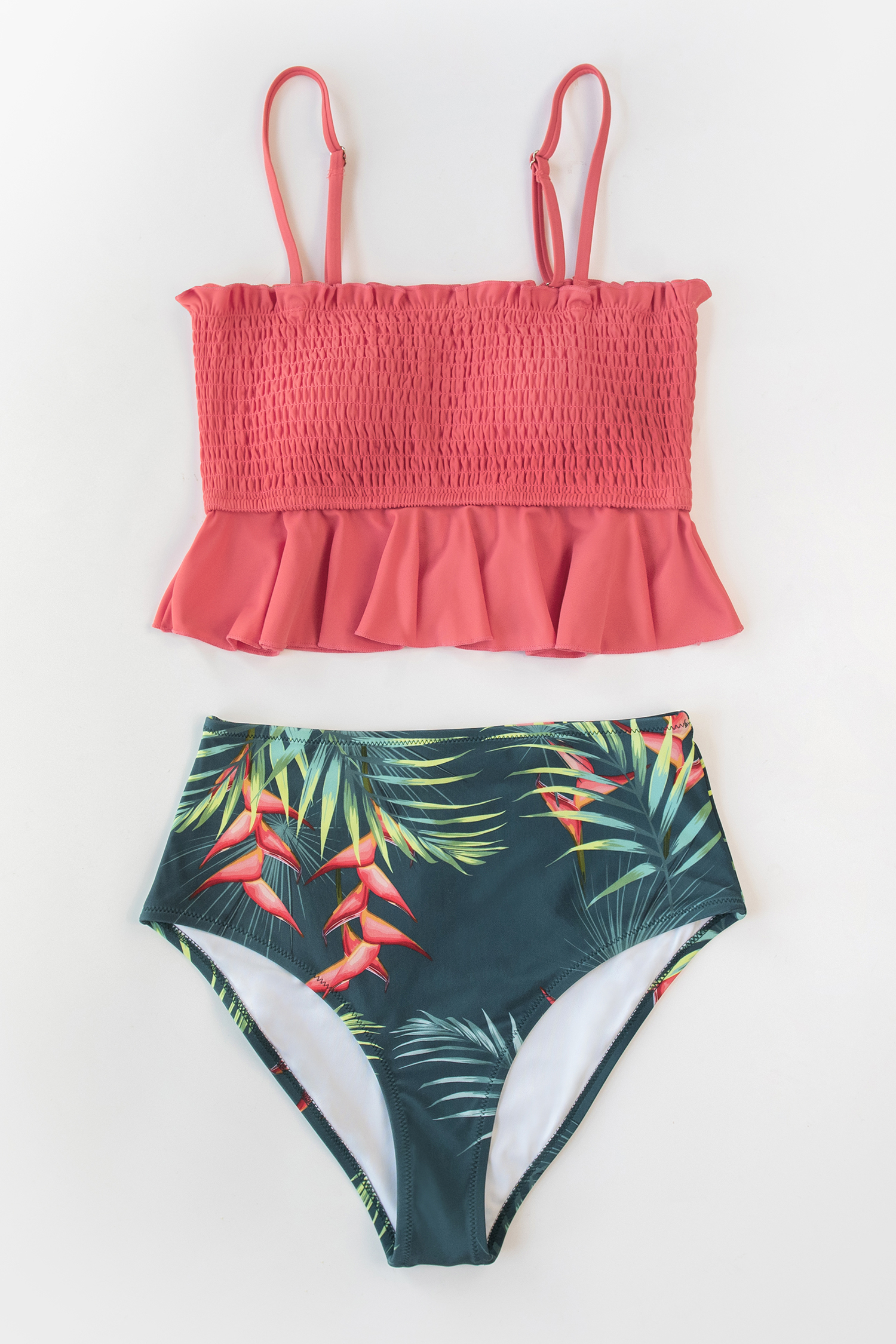 Floral Print Smocked Ruffled Top & High-Rise Bottoms Set