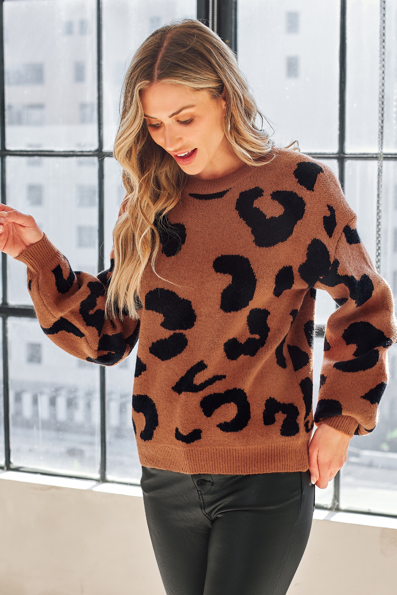 Leopard Print Puff Sleeve Sweater
