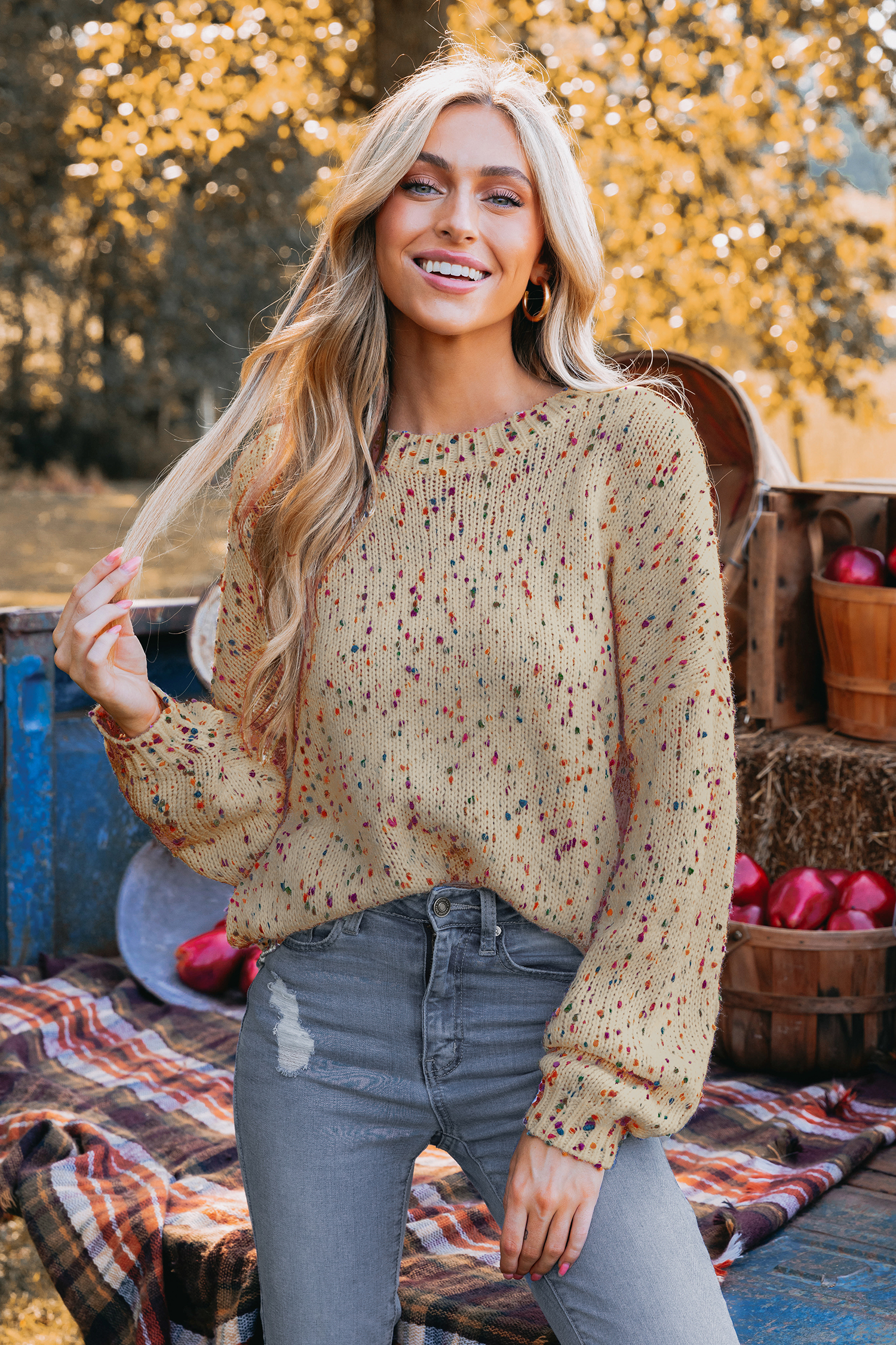 Colorful Pom Pom Drop Sleeve Sweater