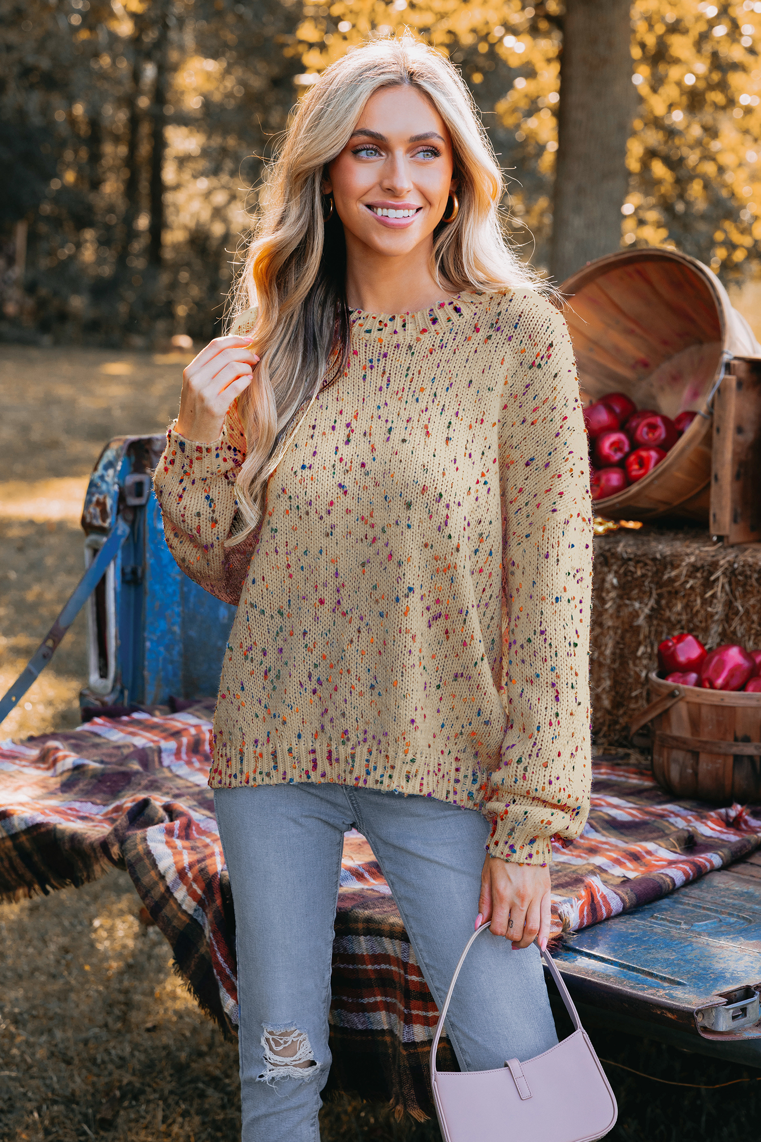 Colorful Pom Pom Drop Sleeve Sweater