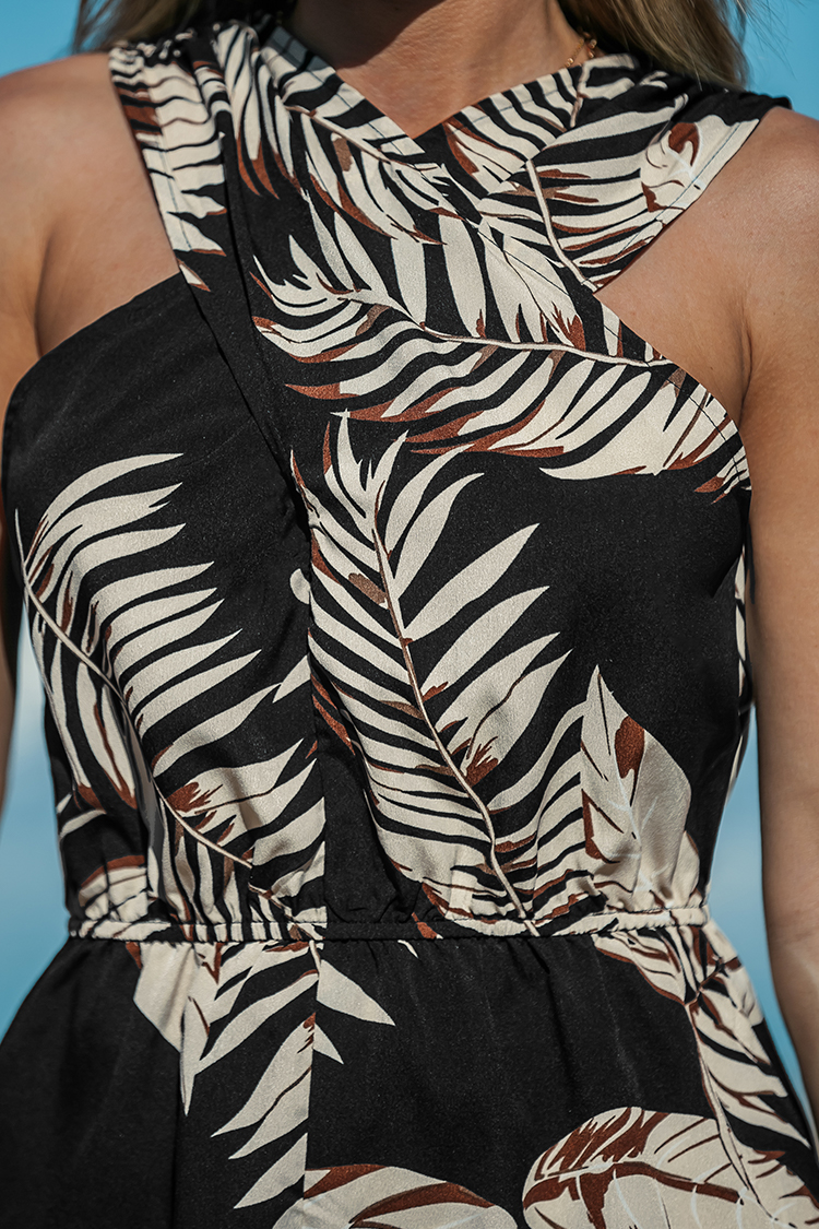 Tropical Leaf Print Crisscross Halter Romper