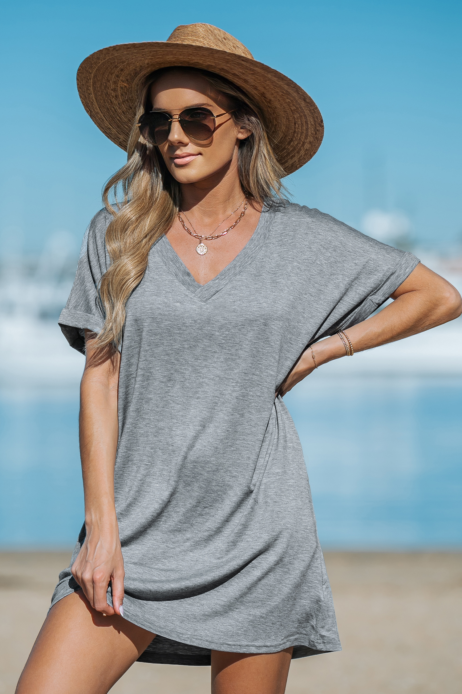 Heathered Knit V-neck T-Shirt Dress