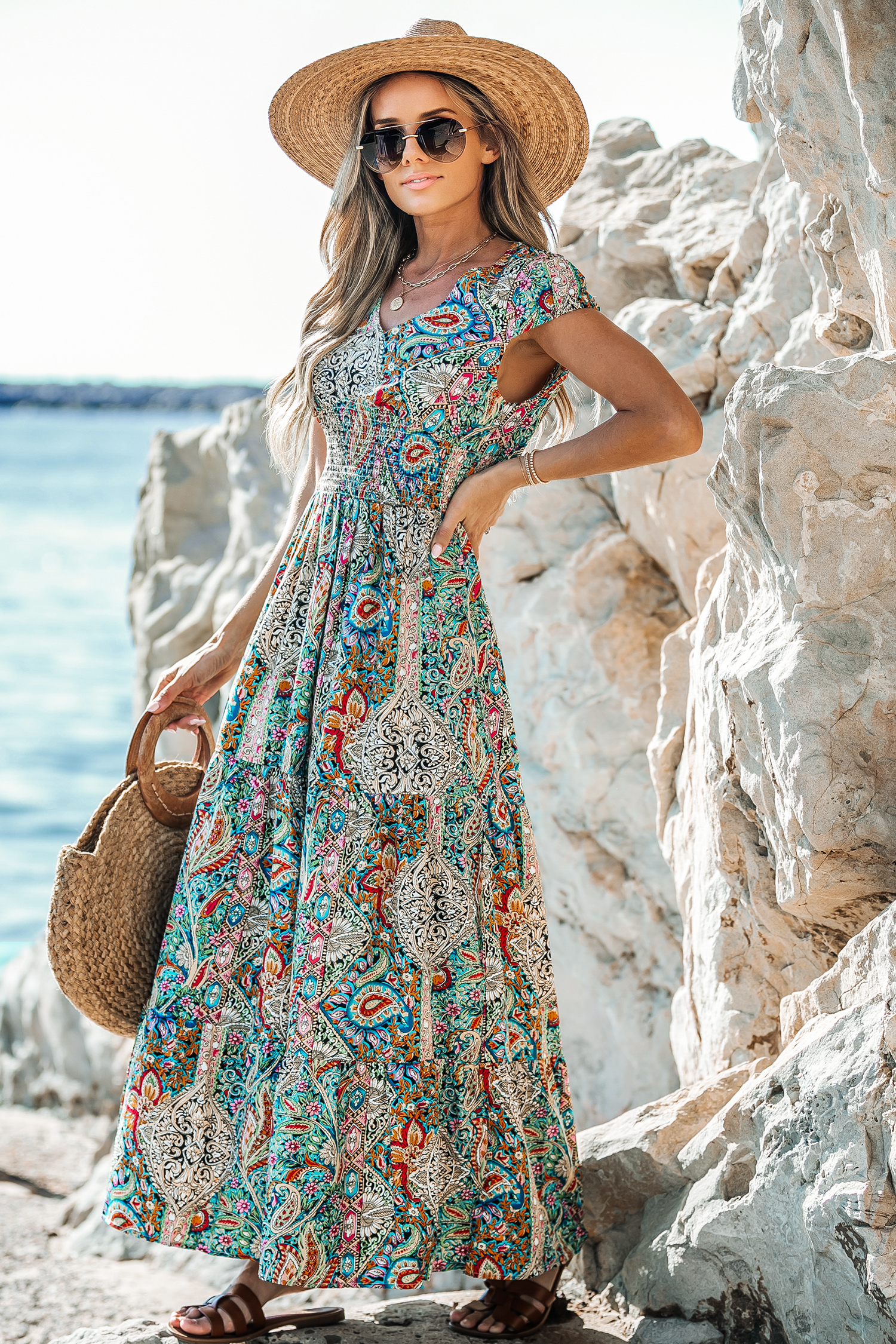Paisley Print V-Neck Maxi Dress