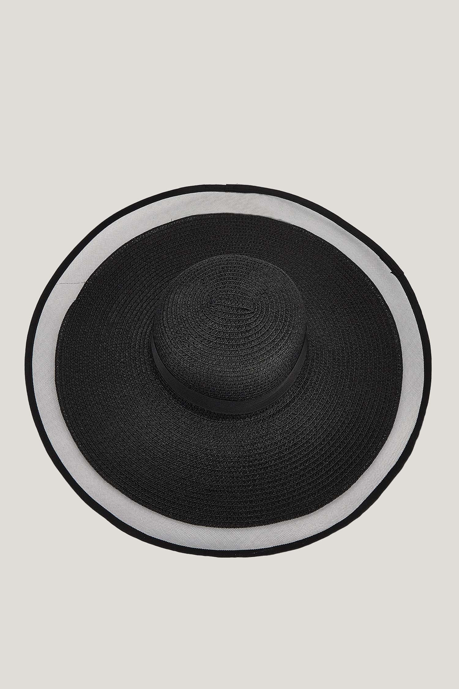 Sheer Trim Black Straw Floppy Hat