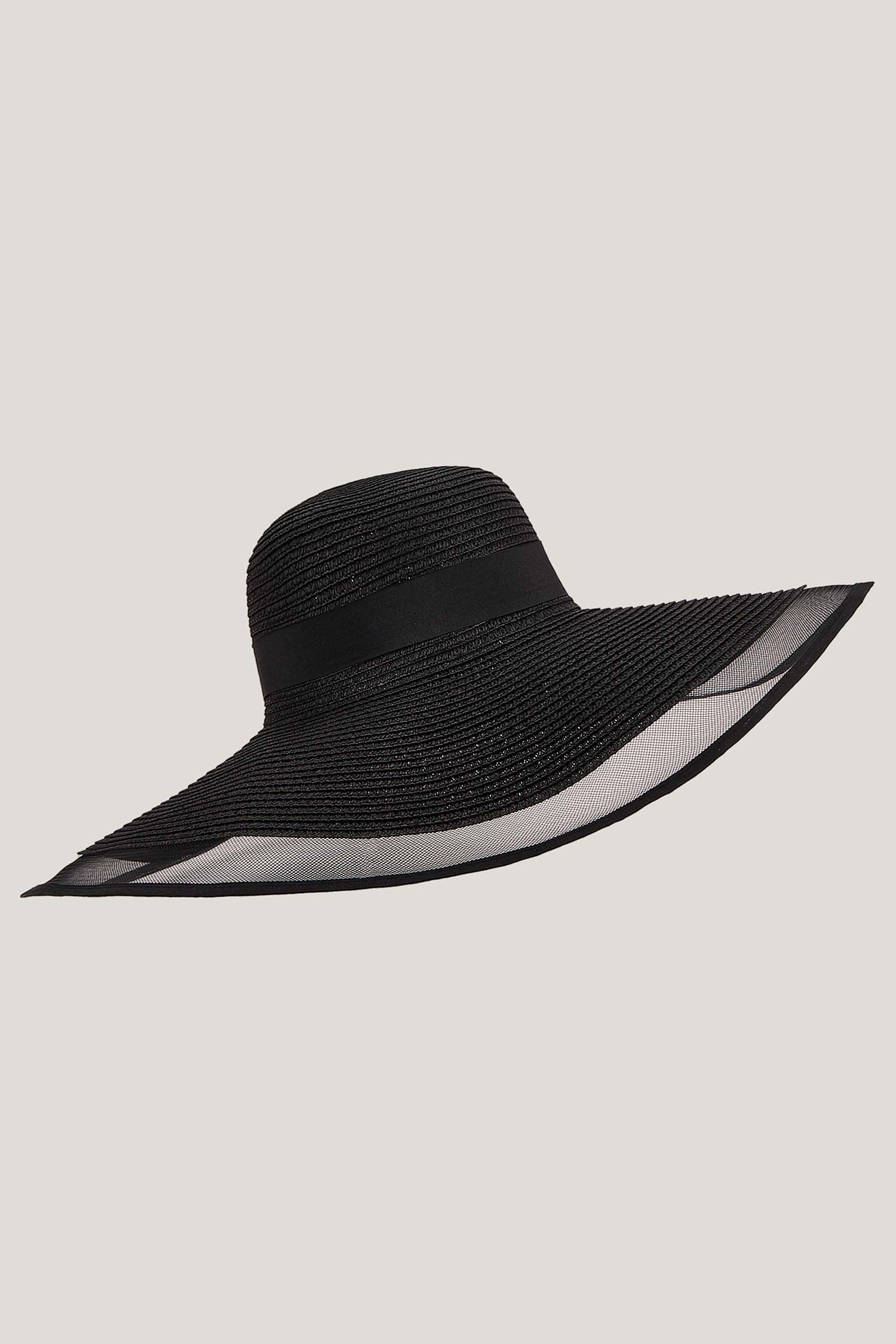 Sheer Trim Black Straw Floppy Hat