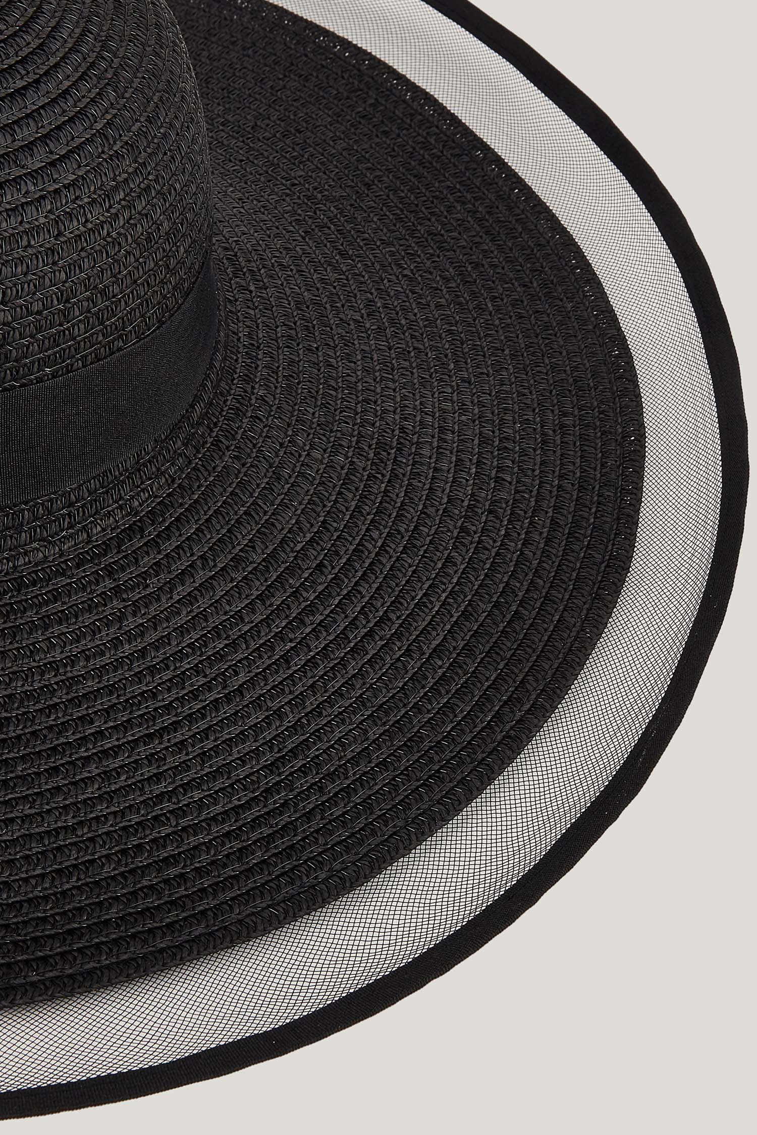 Sheer Trim Black Straw Floppy Hat