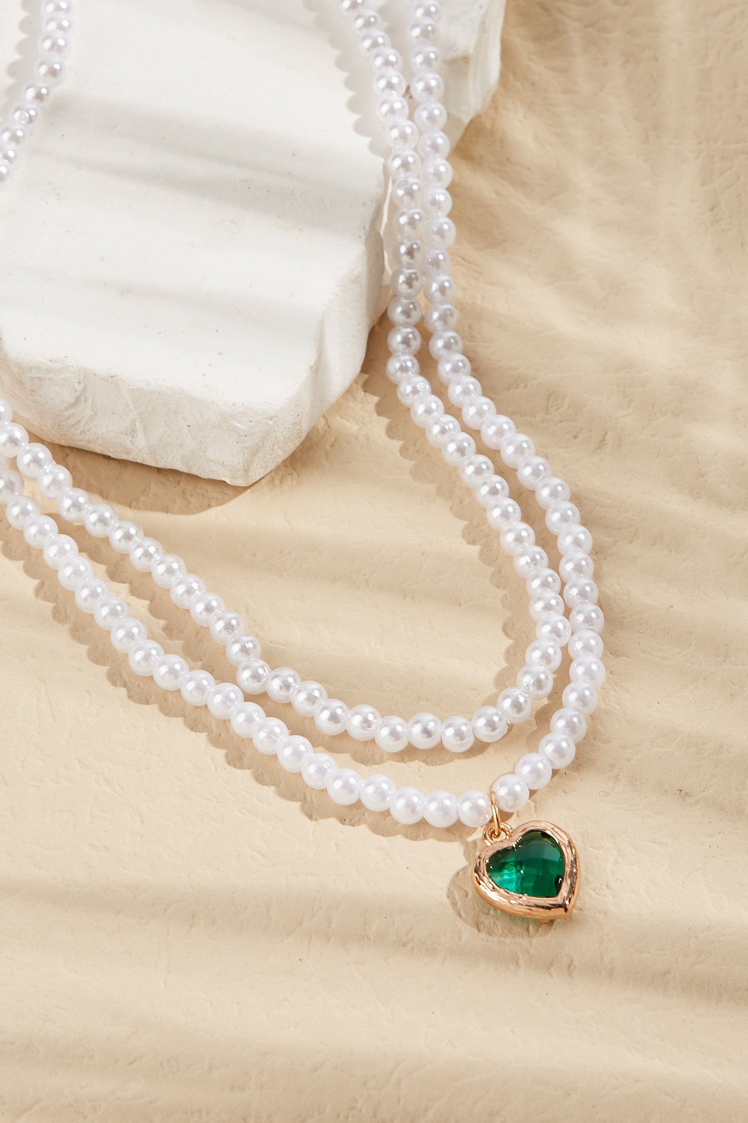 Faux Pearl & Heart Charm Necklace Set