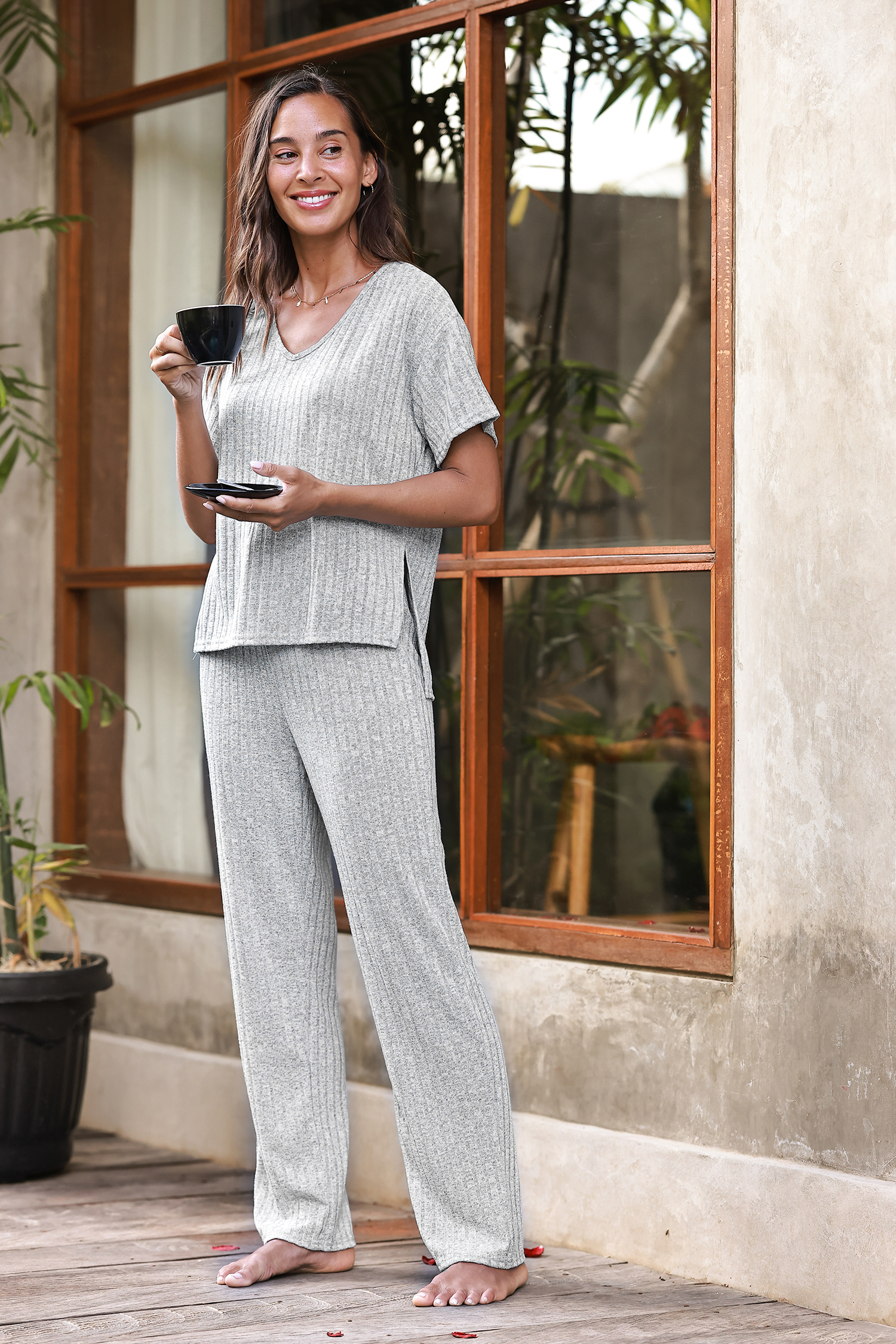 Grey Ribbed Pajama Set