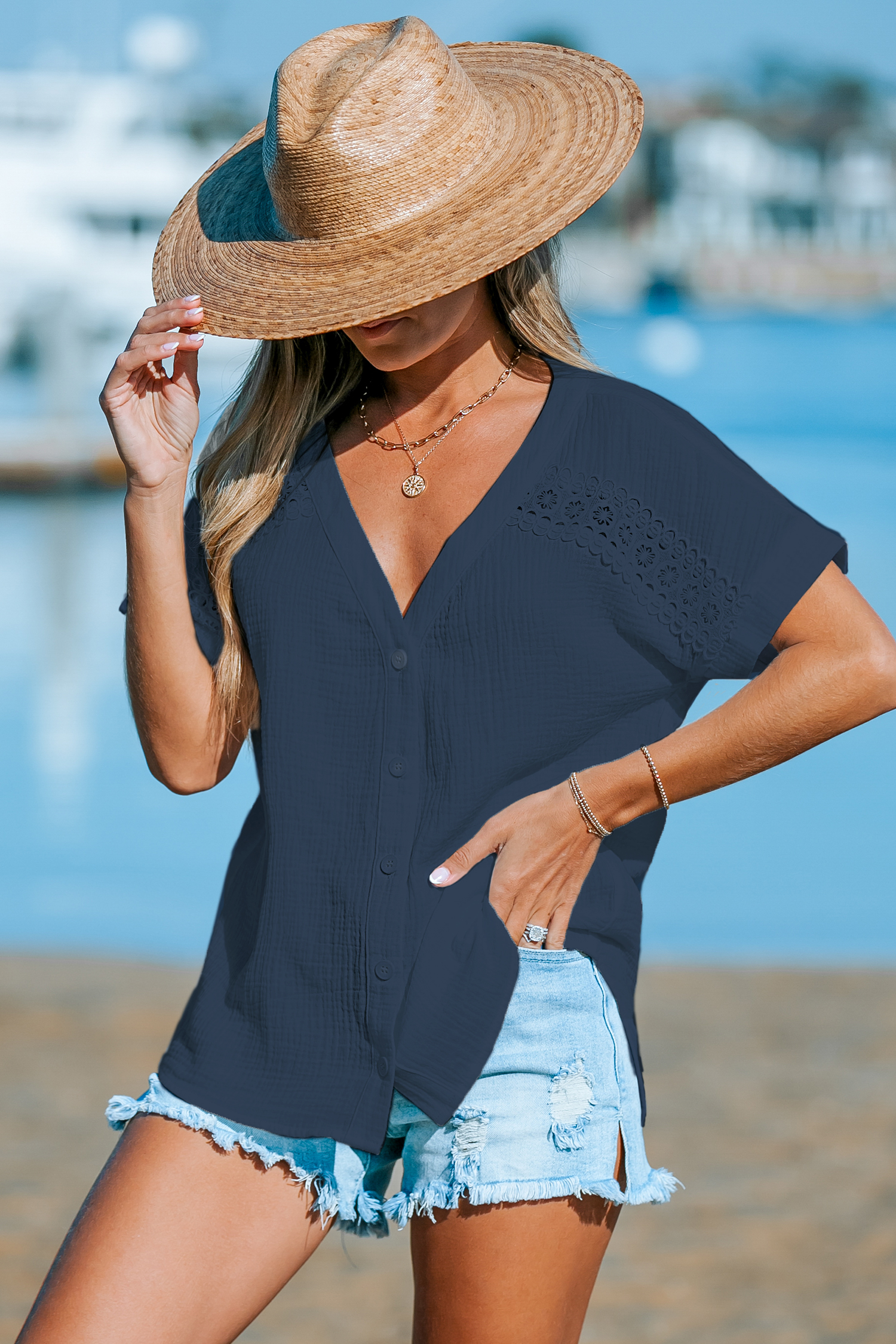 Blue Woven Loose-Fit V-Neck Top