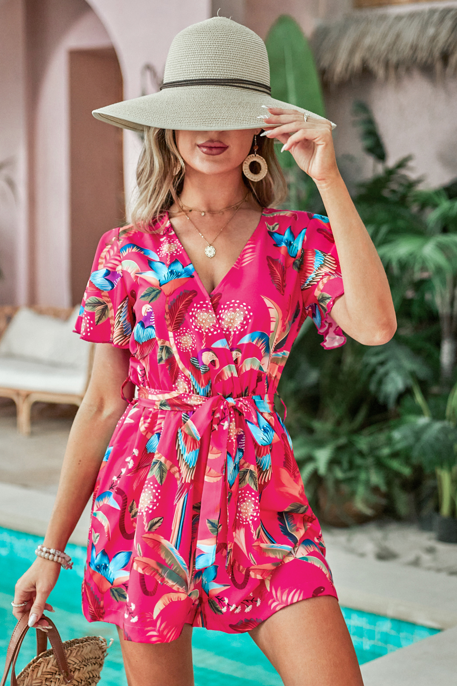 Pink Tropical Surplice Romper