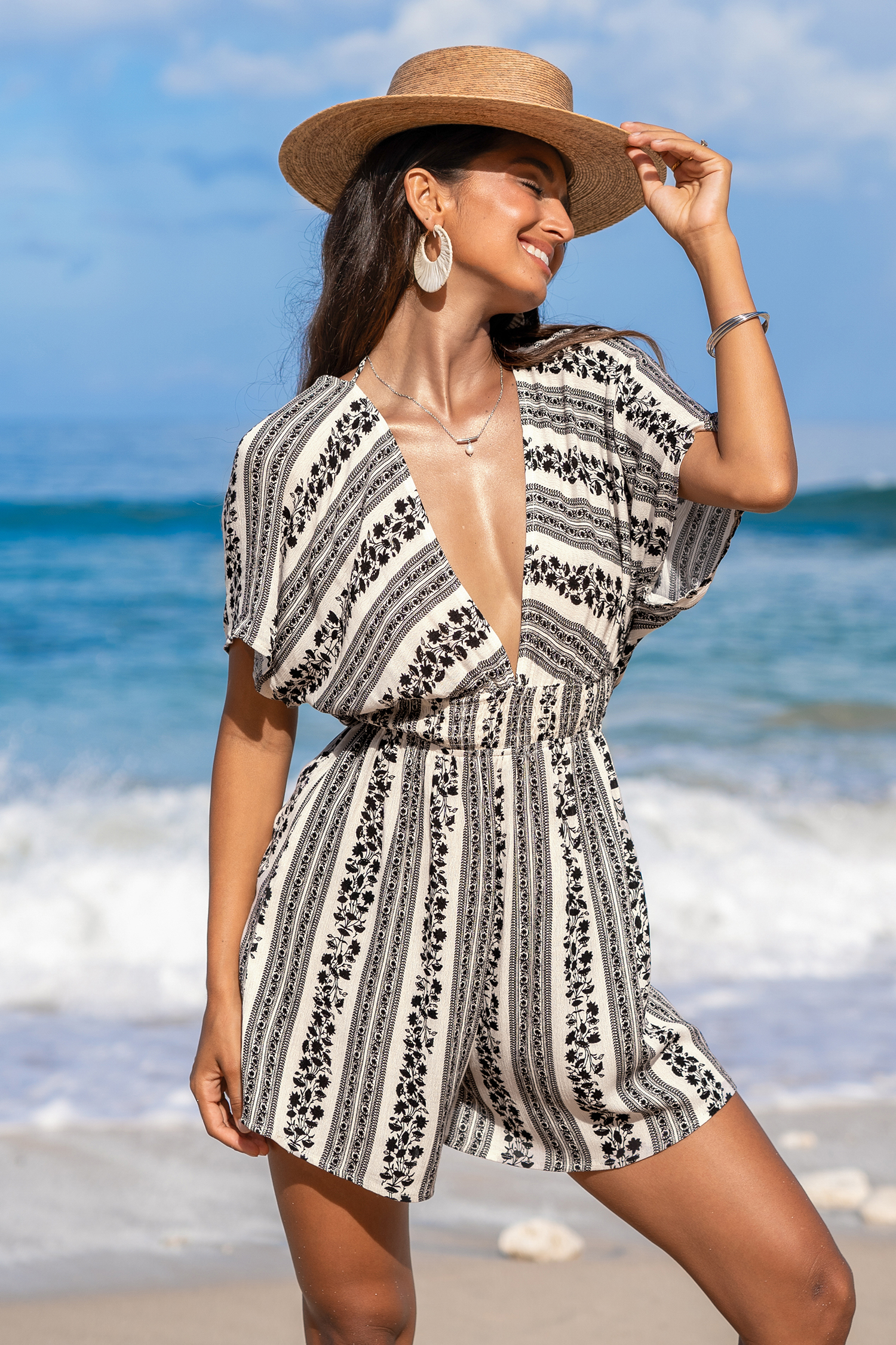 Floral & Stripe Smocked Waist Loose Leg Romper