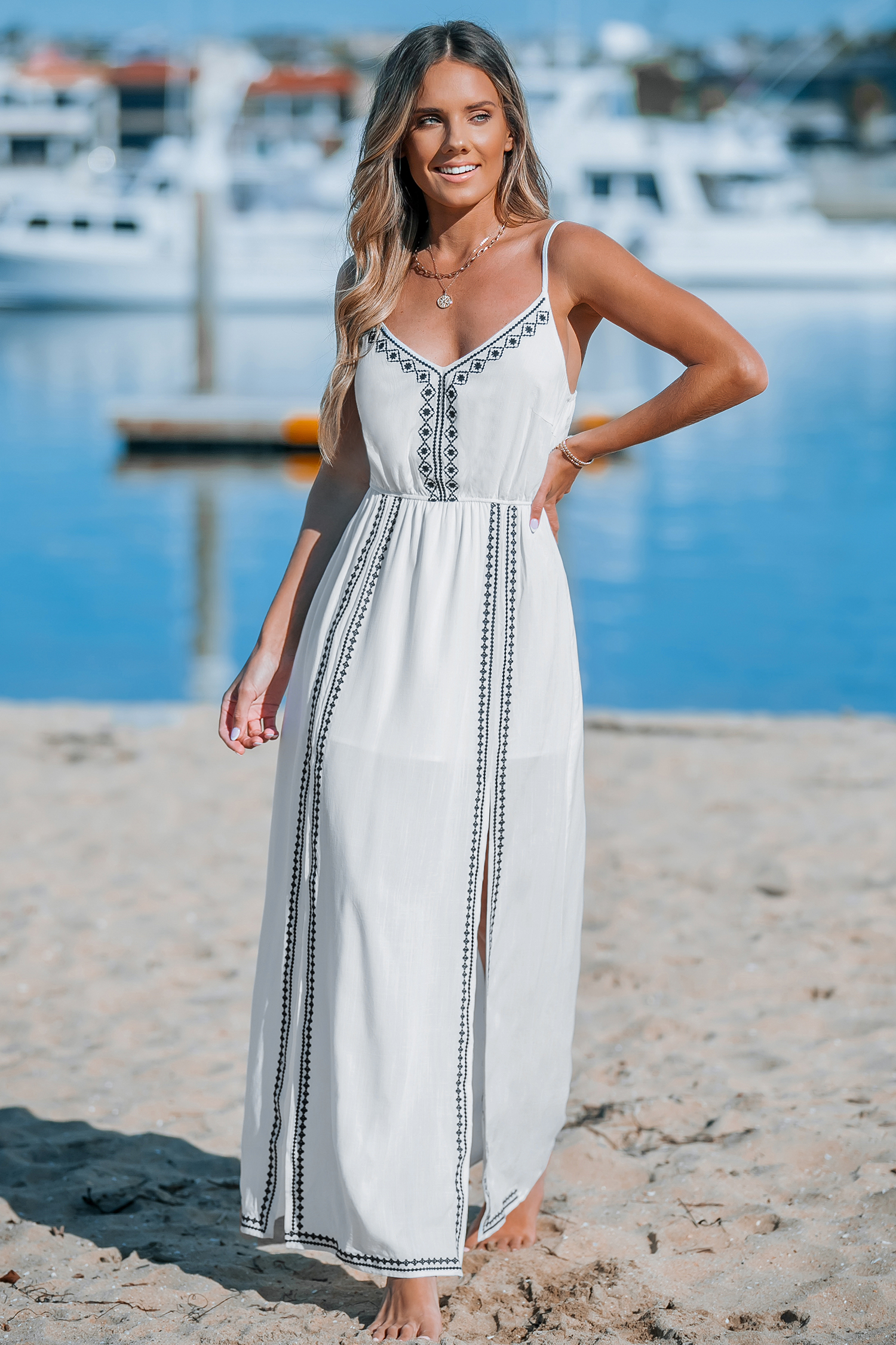 V-Neck Embroidered Split Slip Dress