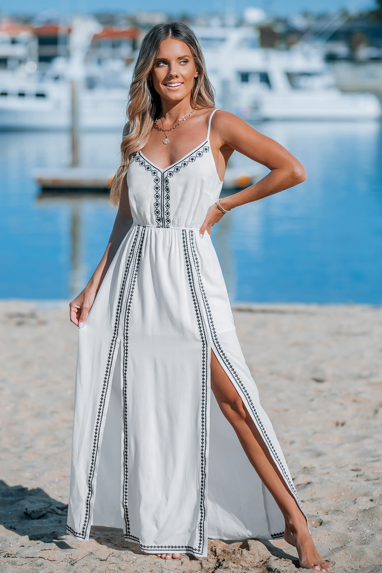 V-Neck Embroidered Split Slip Dress