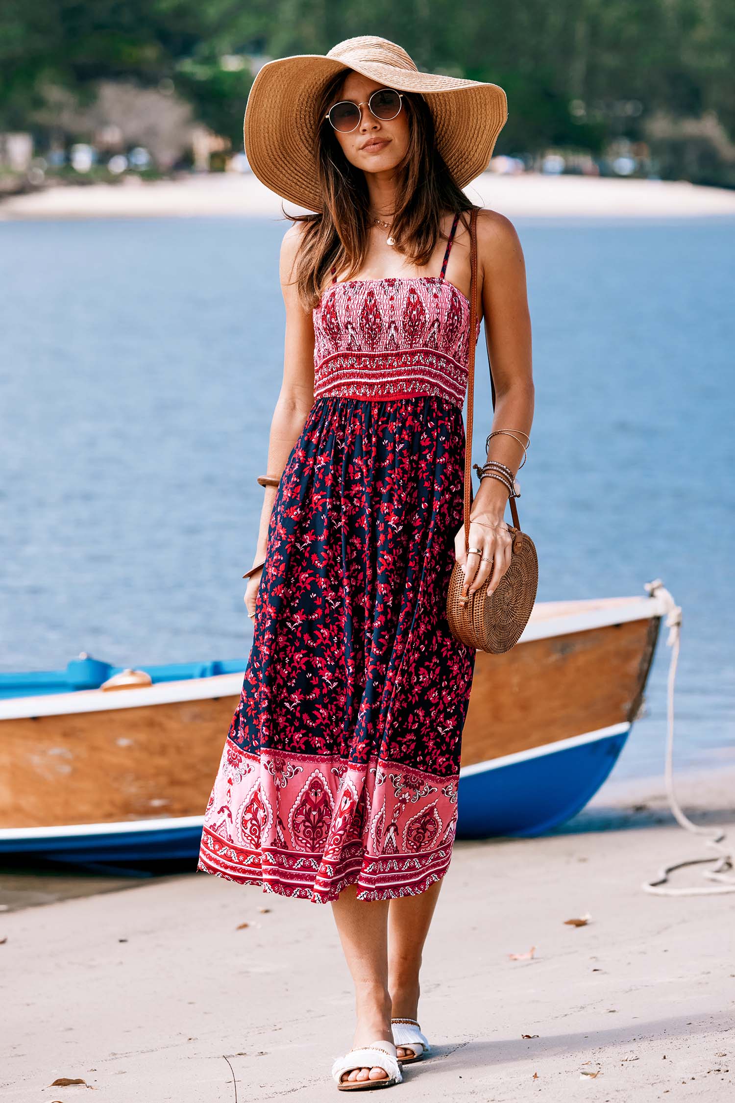 Vestido midi de paisley floral rosa y rojo