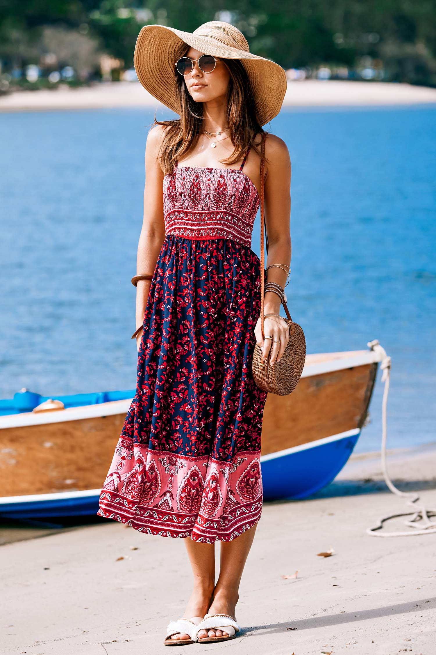 Vestido midi de paisley floral rosa y rojo