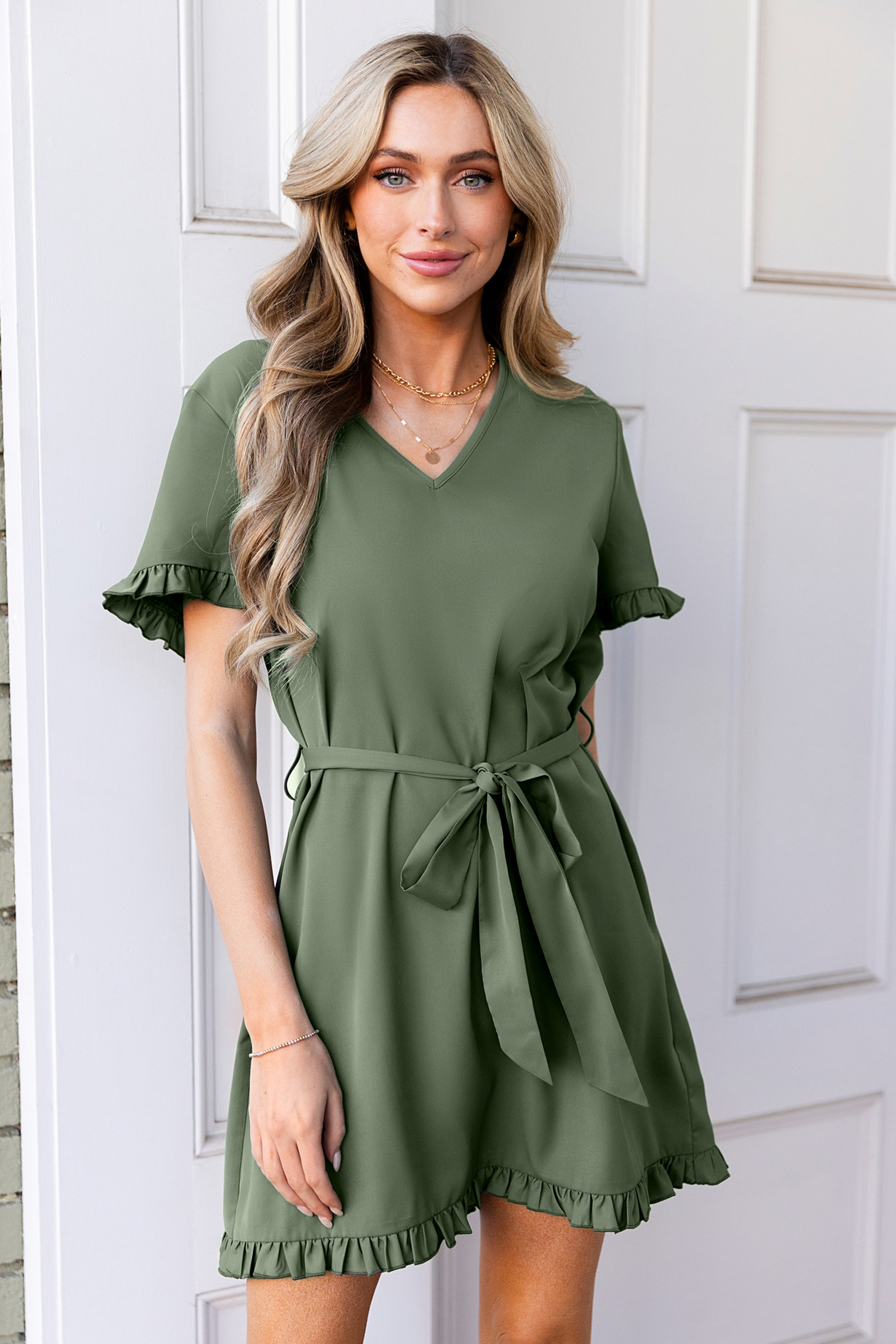 Olive Short Sleeve Micro Ruffle Mini Dress