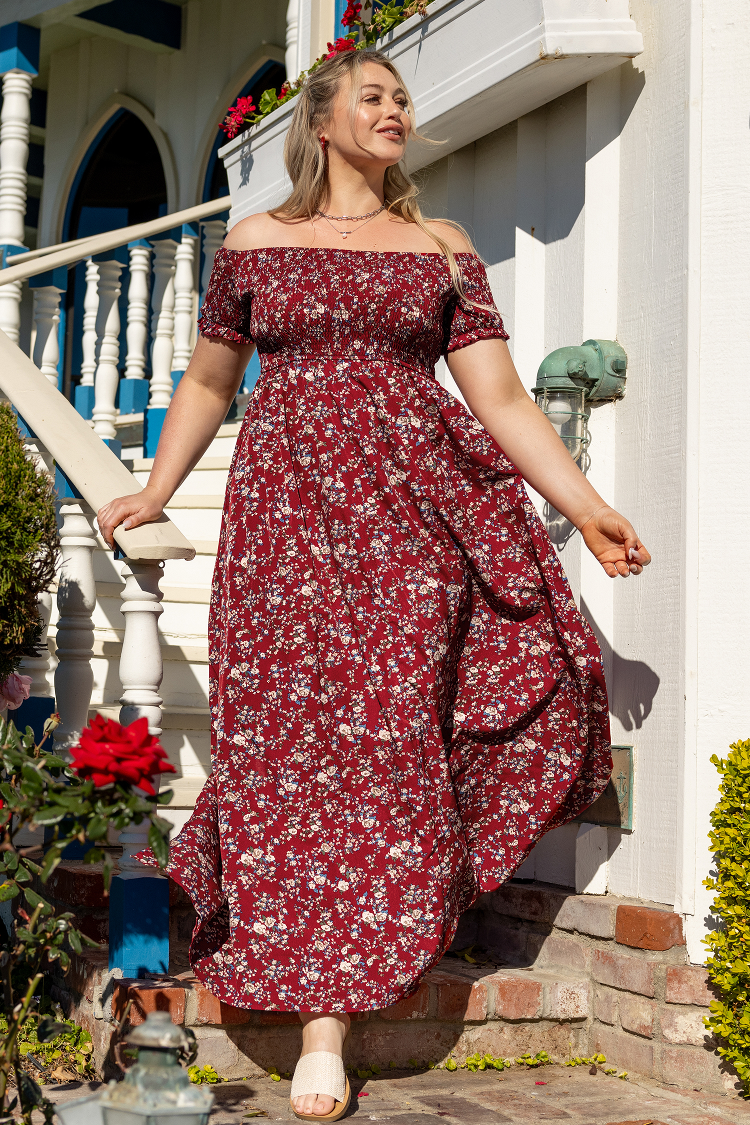 X Iskra Off-Shoulder Smocked Ditsy Maxi Dress