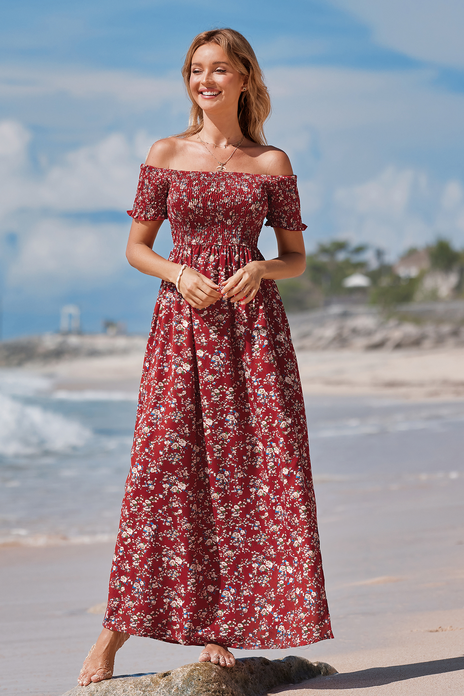 X Iskra Off-Shoulder Smocked Ditsy Maxi Dress