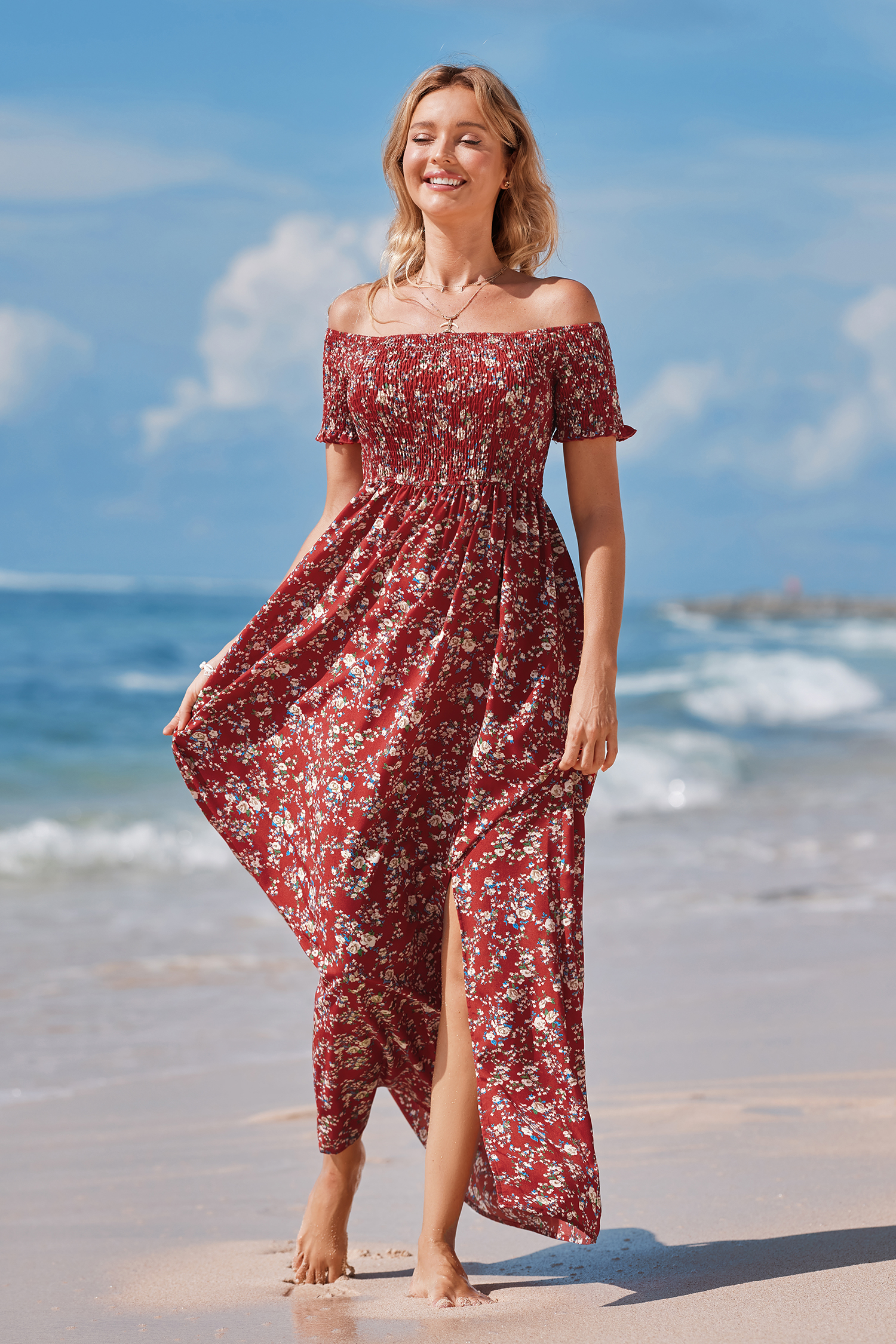 X Iskra Off-Shoulder Smocked Ditsy Maxi Dress