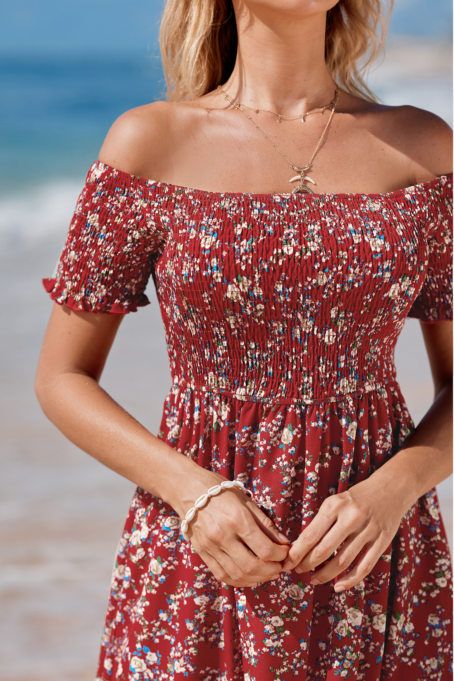 X Iskra Off-Shoulder Smocked Ditsy Maxi Dress