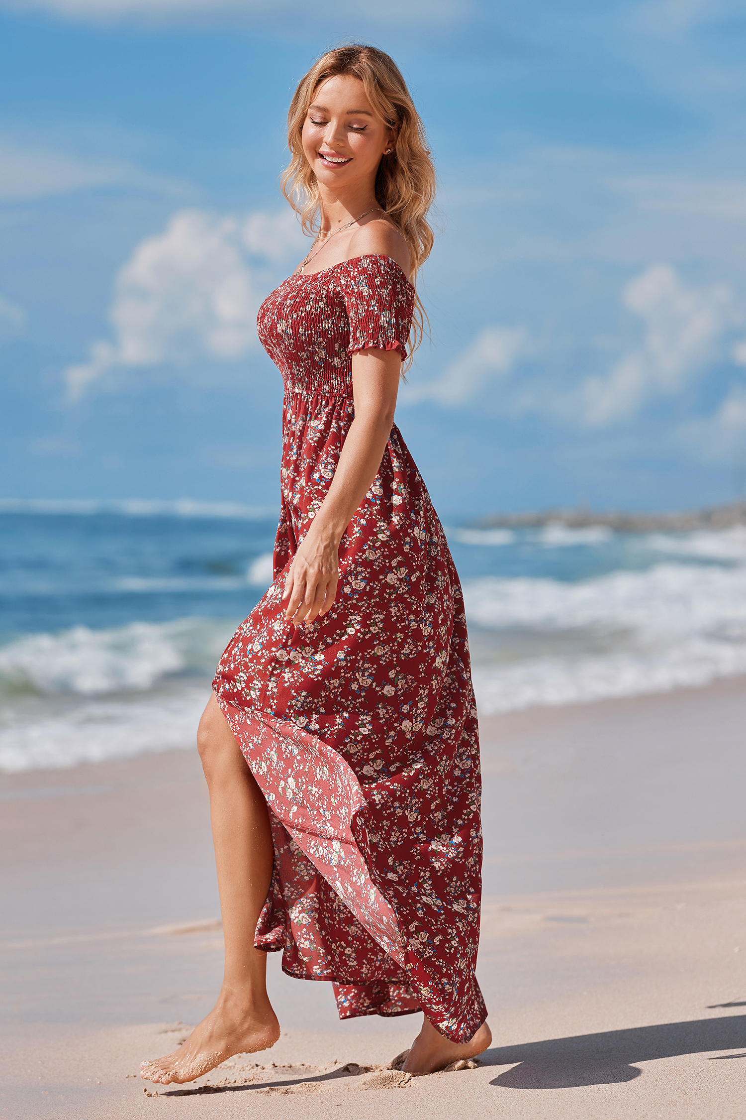 X Iskra Off-Shoulder Smocked Ditsy Maxi Dress