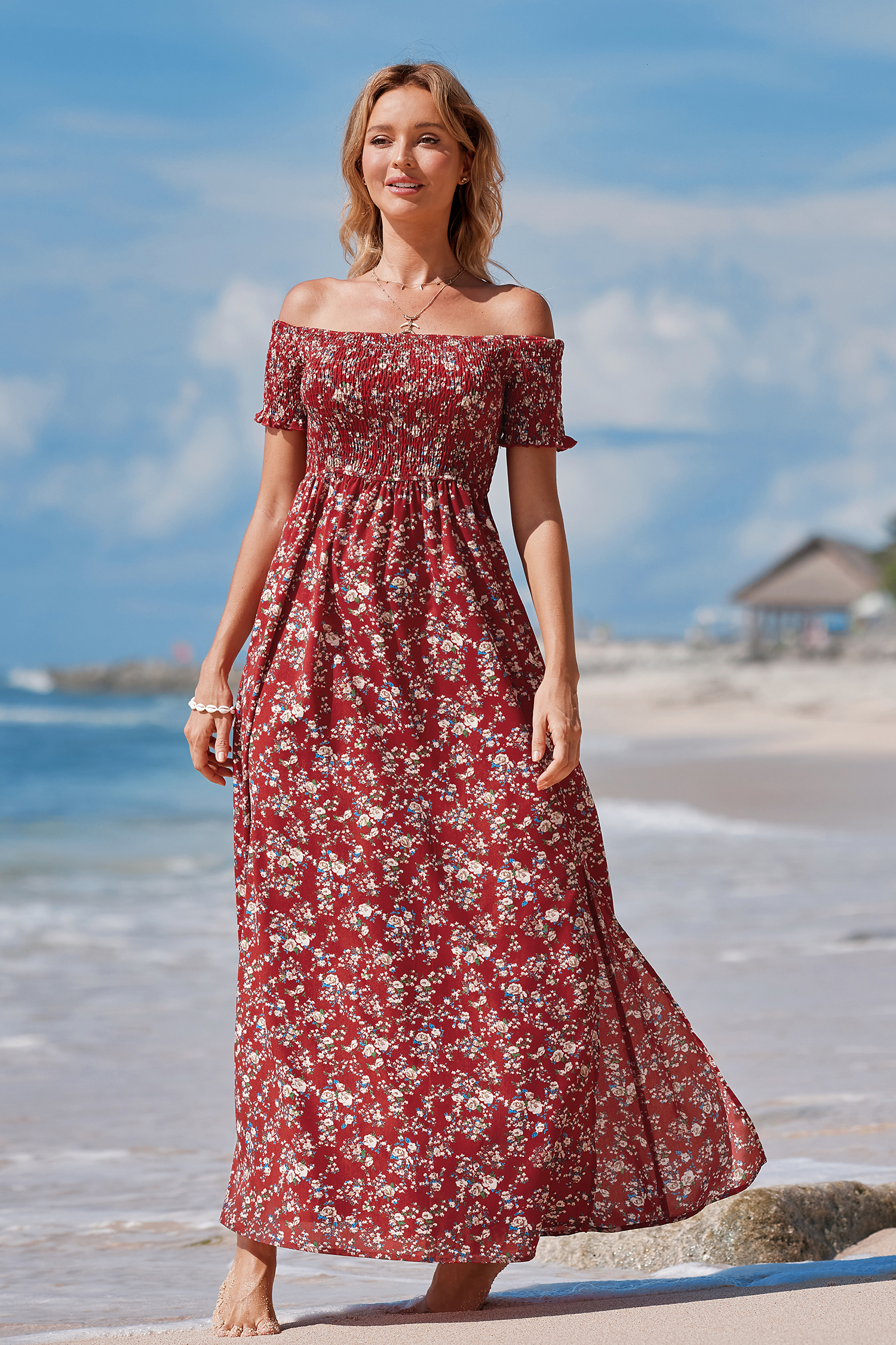X Iskra Off-Shoulder Smocked Ditsy Maxi Dress