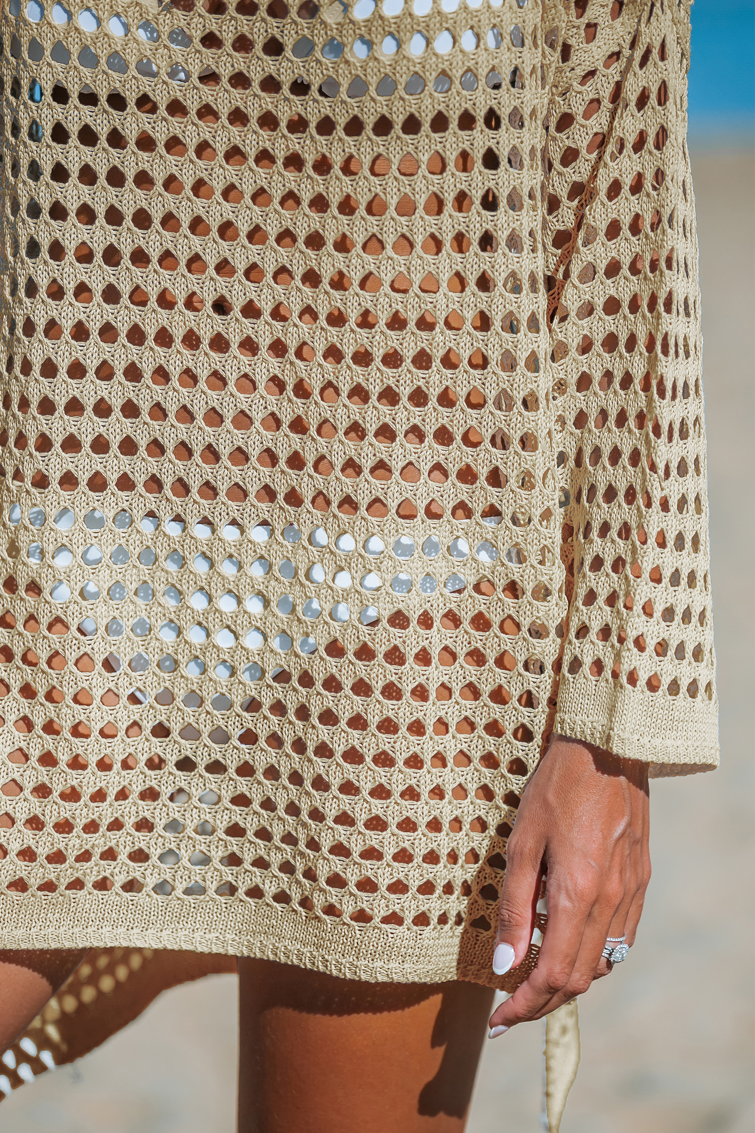 Khaki Long Sleeve Cutout Mini Cover-Up