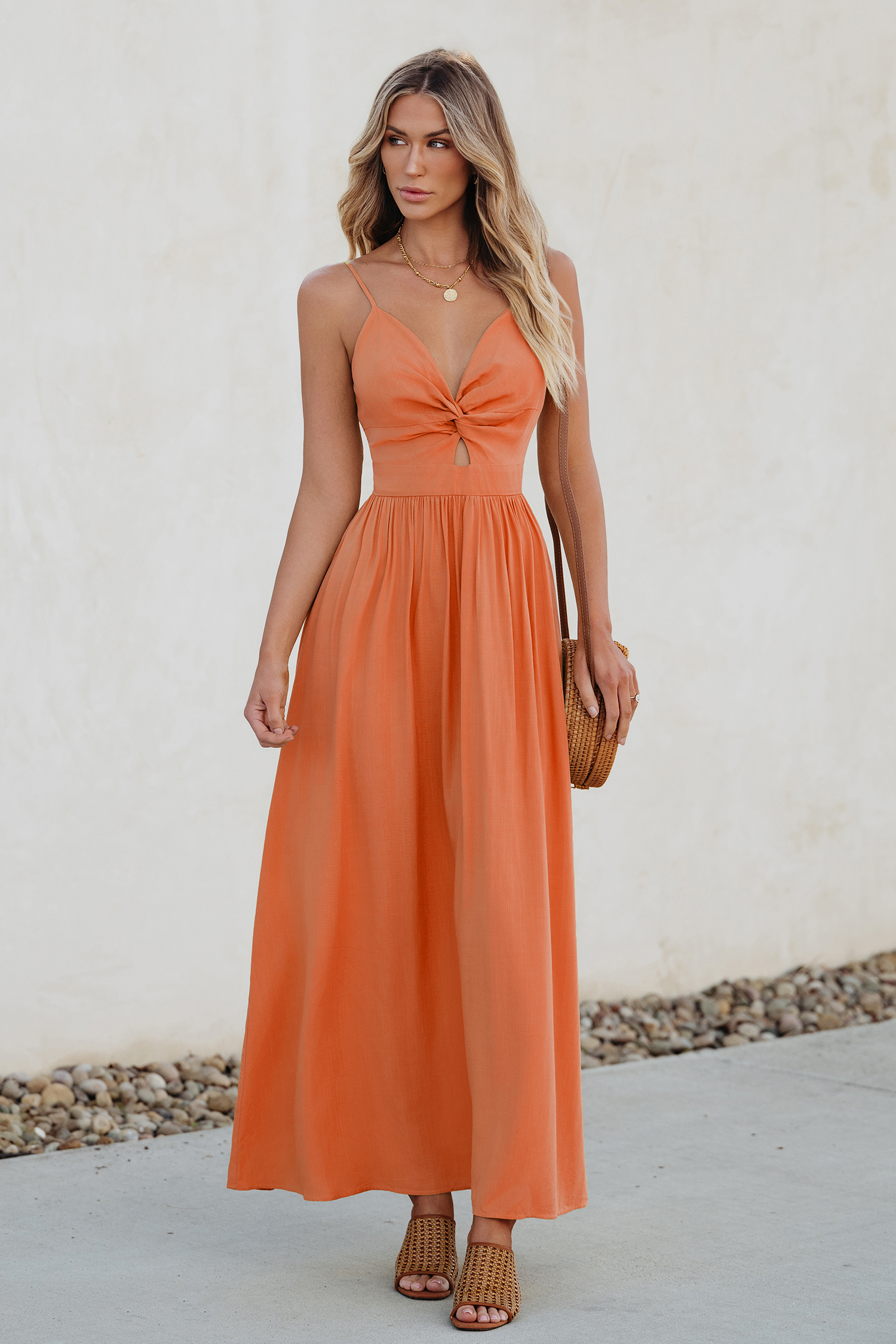 Orange Front Twist Keyhole Maxi Dress