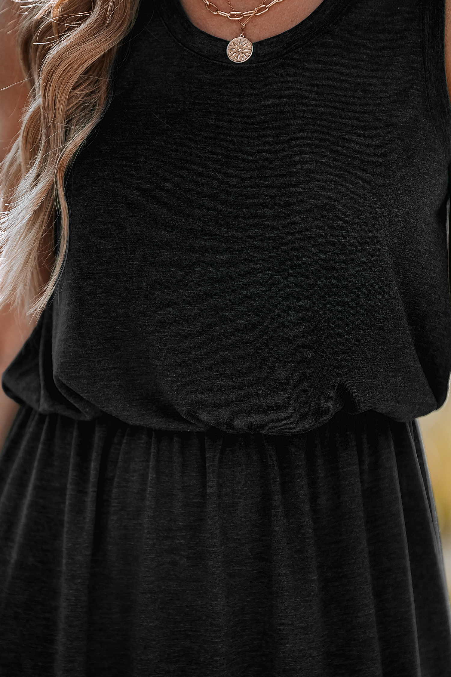 Black Round Neck Cinched Waist Jersey Maxi Dress