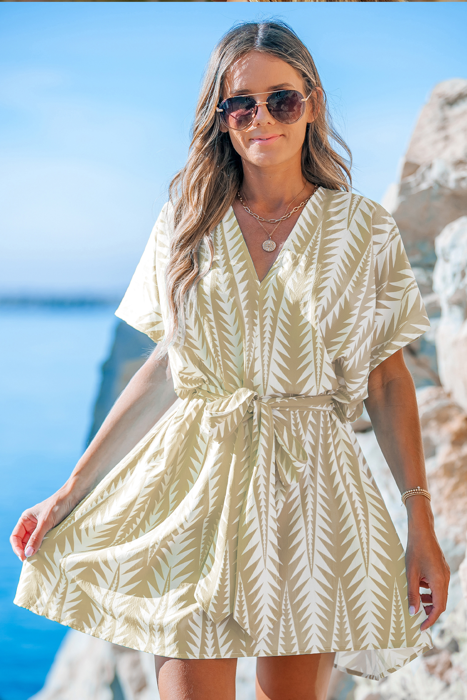 Robe mini blouson à col en V abricot