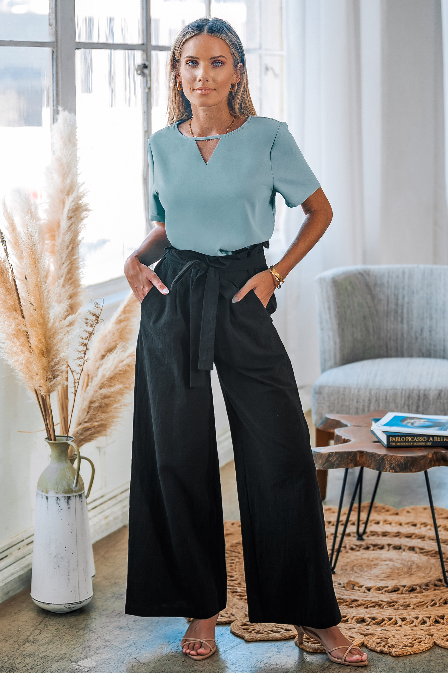 Blue Cut-Out Short Sleeve Top