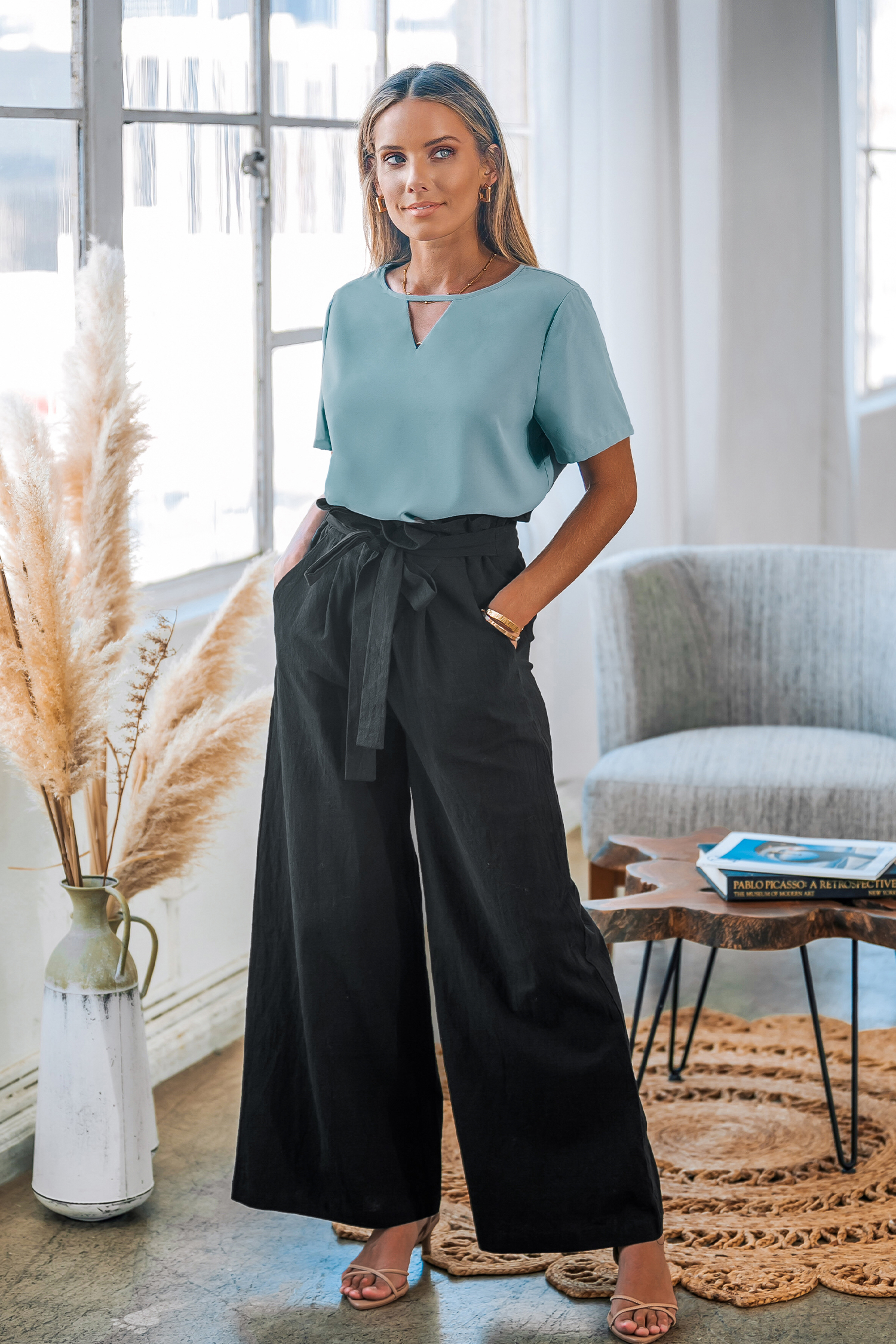 Blue Cut-Out Short Sleeve Top