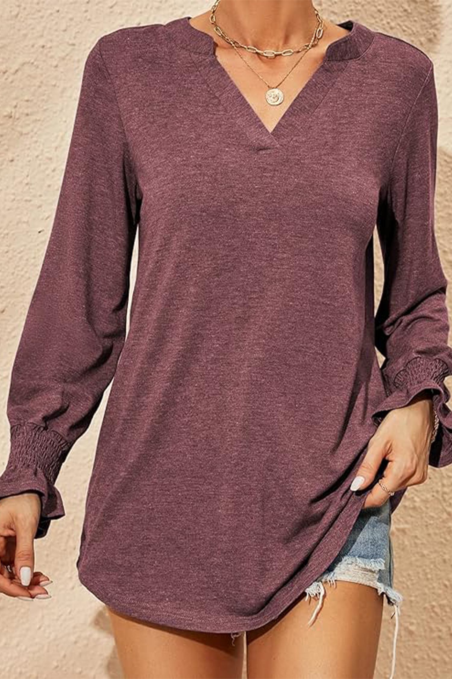 Red V-Neck Bishop Sleeve Top