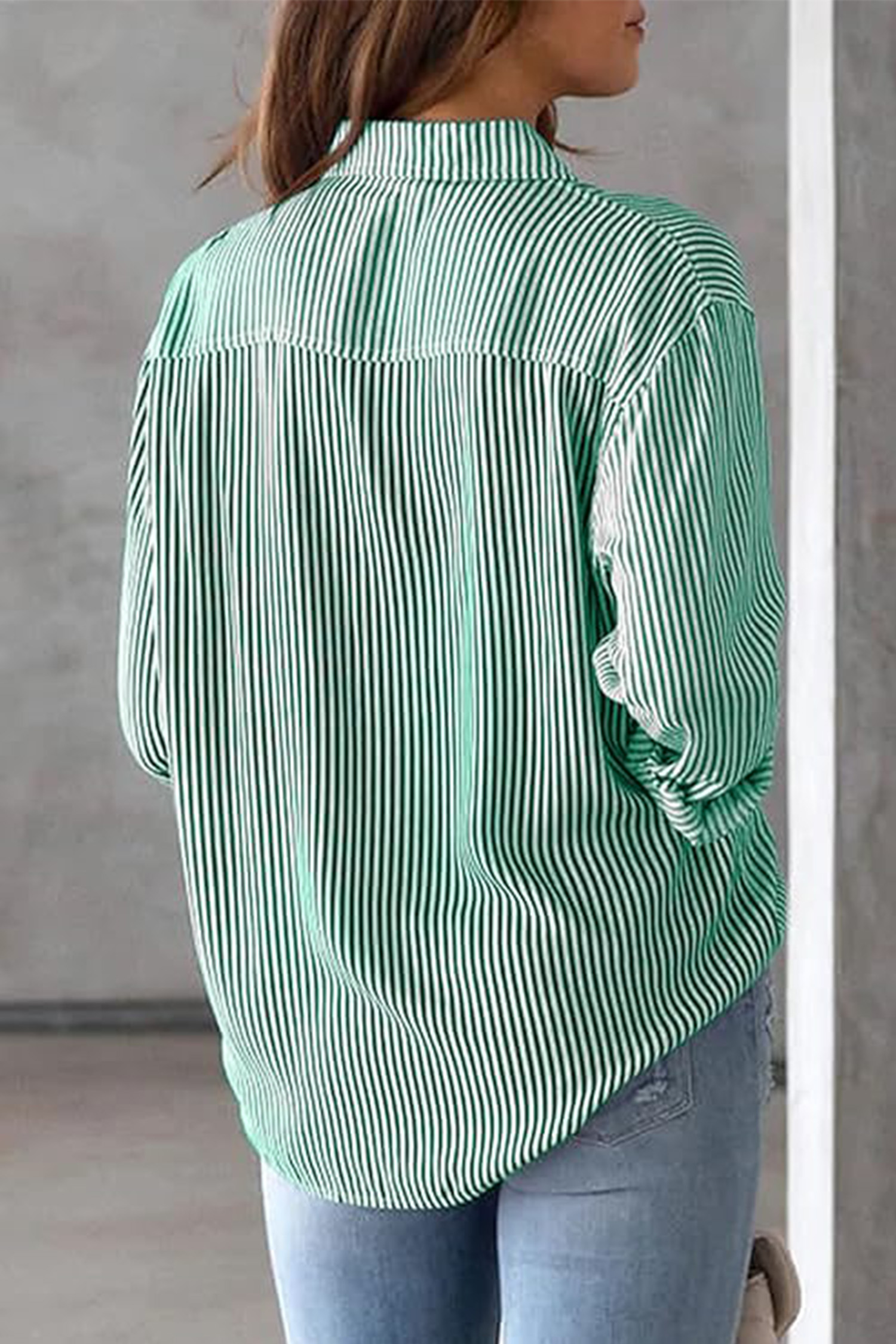Green Striped Button Front Blouse