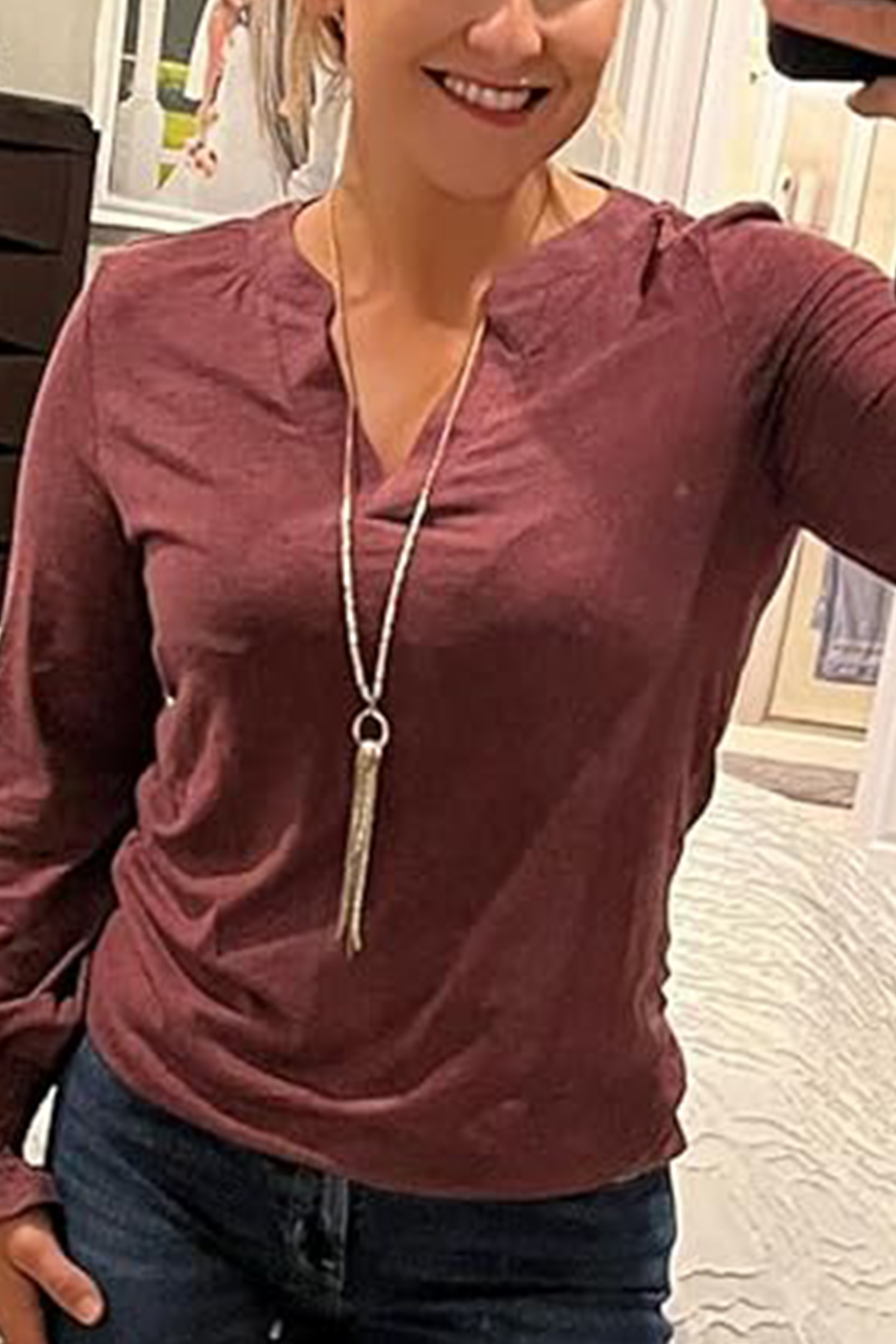 Red V-Neck Bishop Sleeve Top
