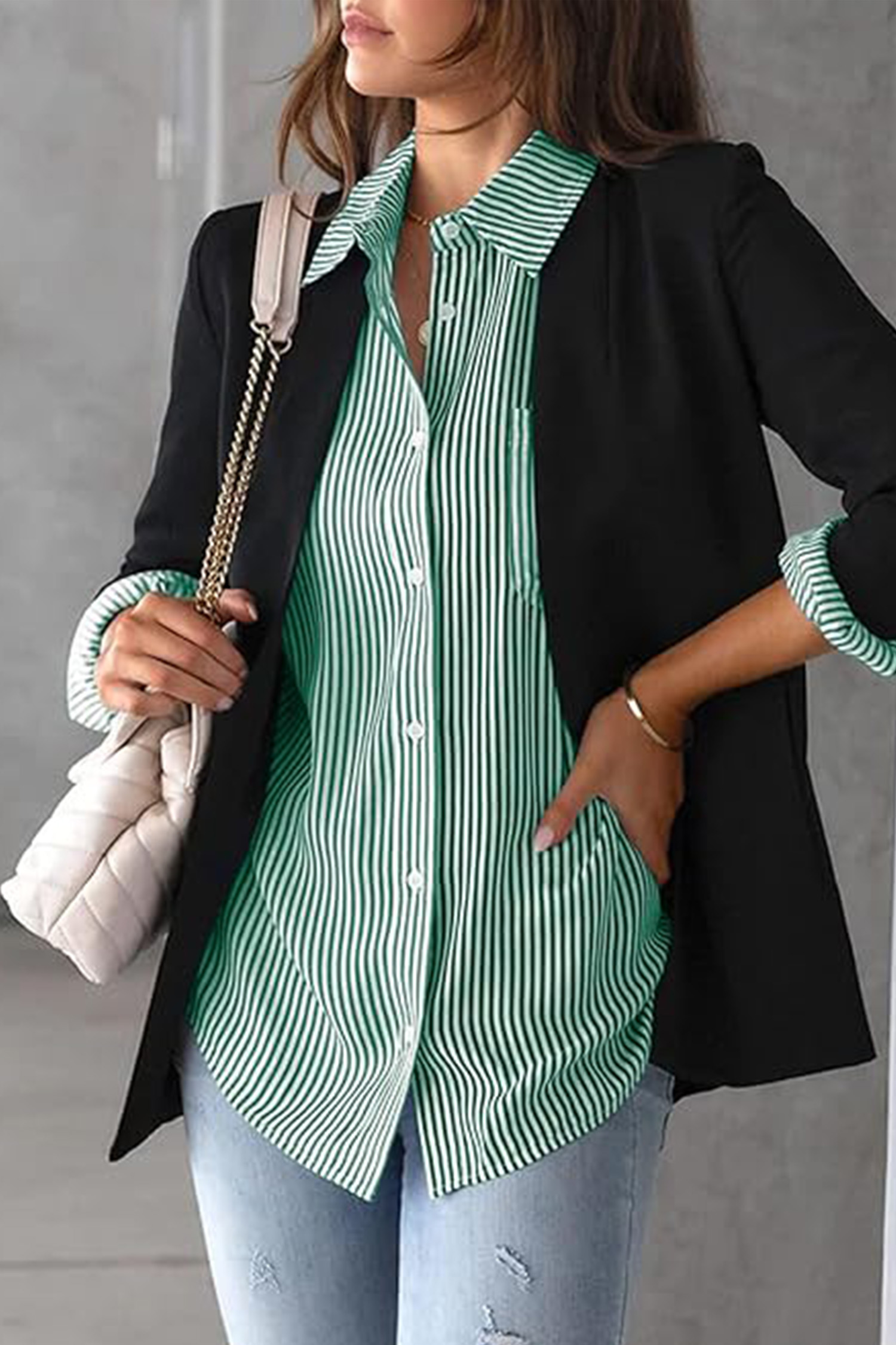 Green Striped Button Front Blouse