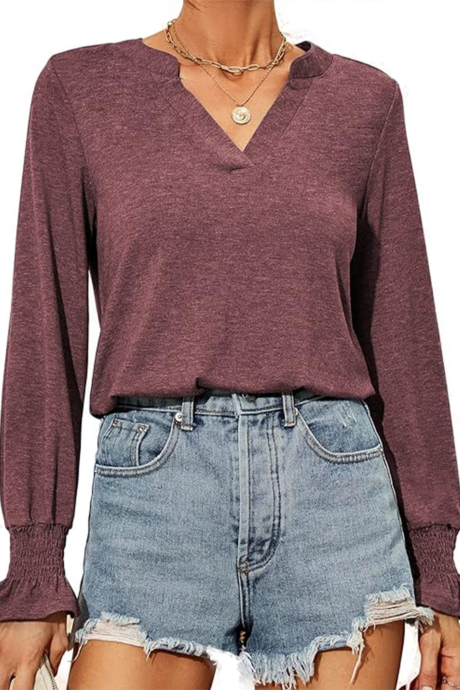 Red V-Neck Bishop Sleeve Top