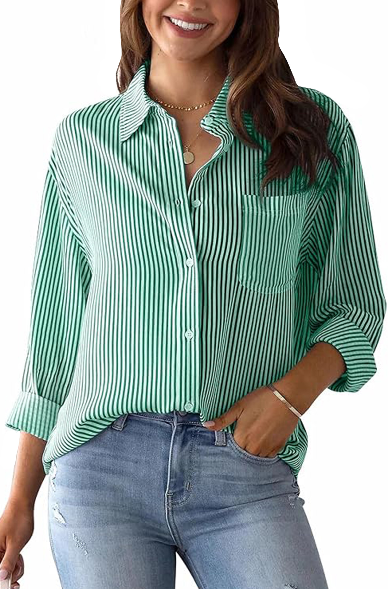 Green Striped Button Front Blouse