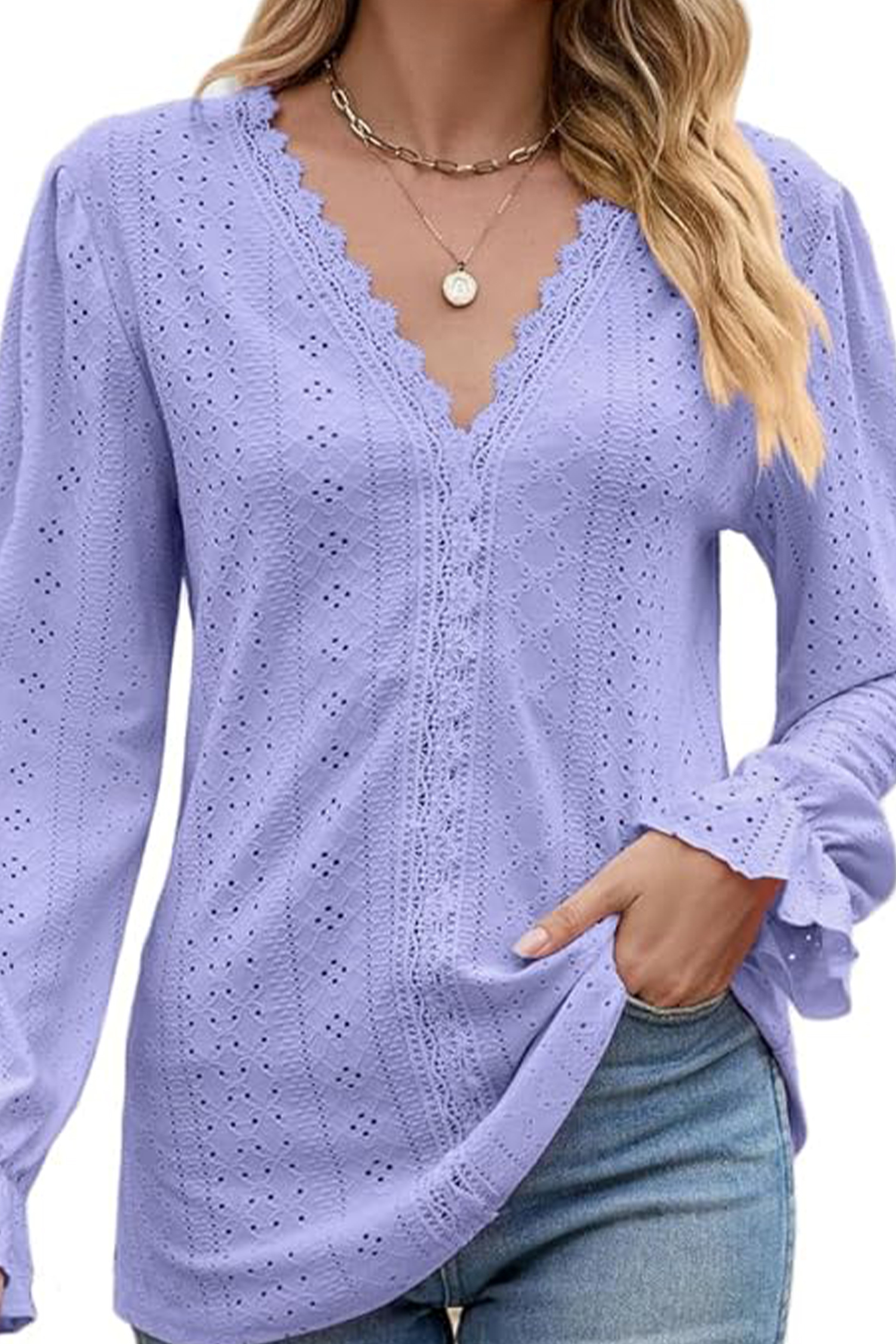 V-Neck Eyelet Lace Top