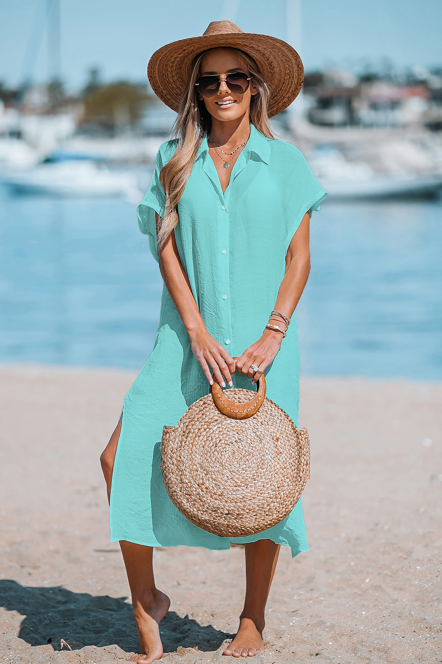 Blue Collared Front Button Split Seam Midi Cover-Up