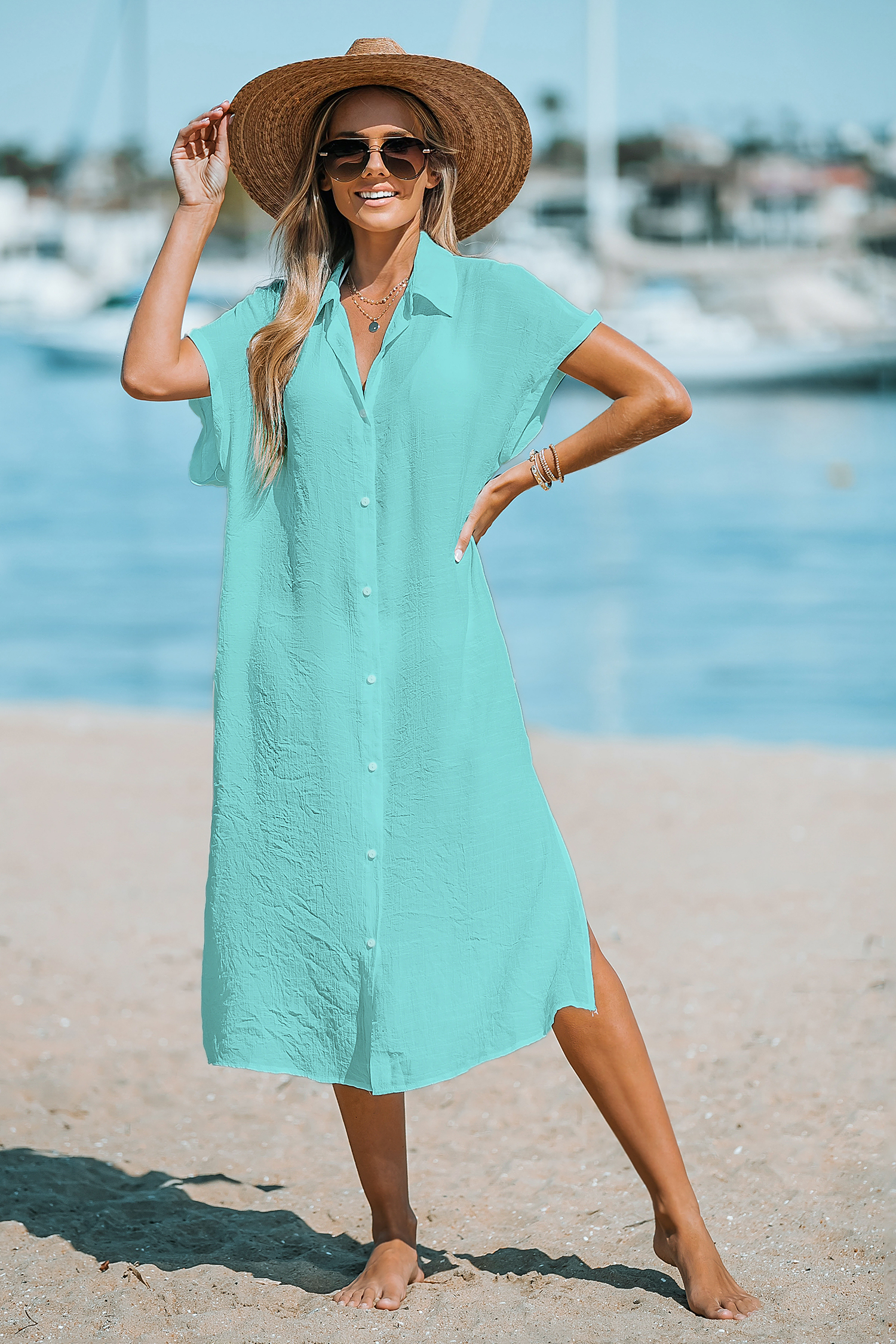 Blue Collared Front Button Split Seam Midi Cover-Up
